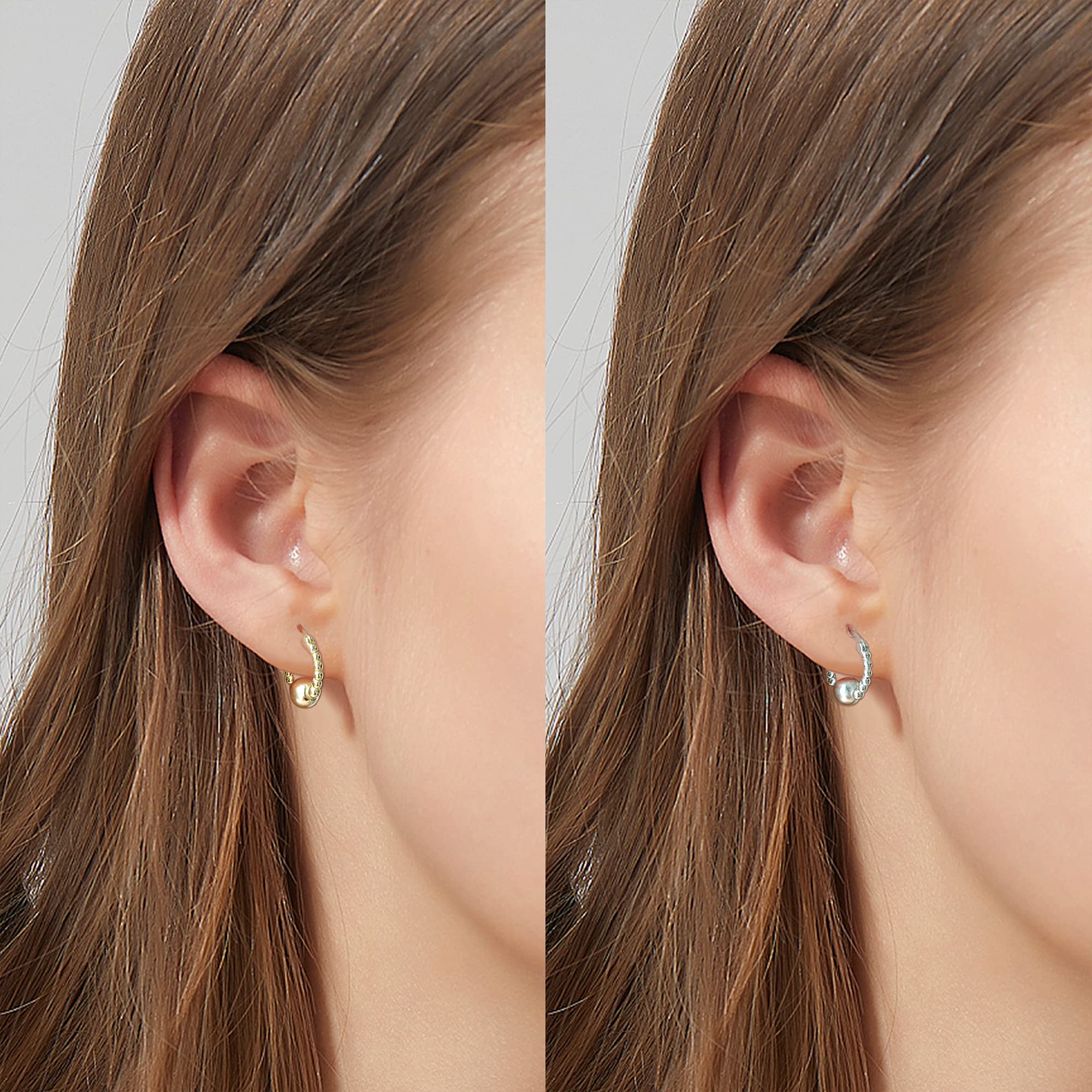14K Gold Plated CZ Huggie Hoop Earrings for Women - 925 Sterling Silver Beaded Hoops with White Gold Finish - Small Bead Ball Earrings for Everyday Wear & Special Occasions