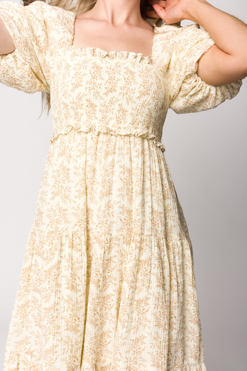 Elena 100% Cotton Toile Print Smocked Midi Dress - Light Brown Bump Friendly Maternity Dress | Perfect for Baby Showers, Brunch Dates & Summer Outfits