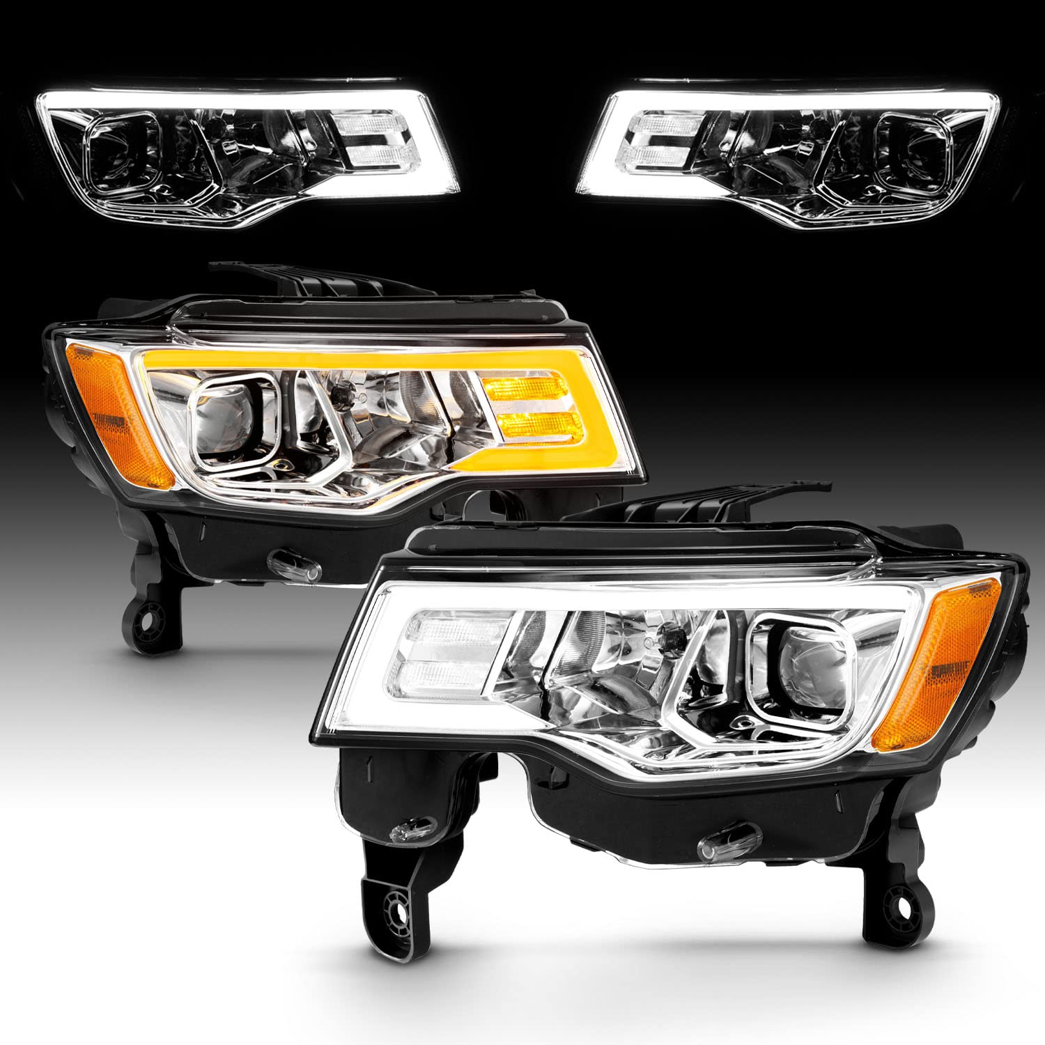 2017-2022 Jeep Grand Cherokee LED Headlights - AmeriLite Chrome Square Projector Replacement Headlights with Switchback LED Tube (Driver & Passenger Side) - Upgrade for Night Driving & Off-Road Adventures