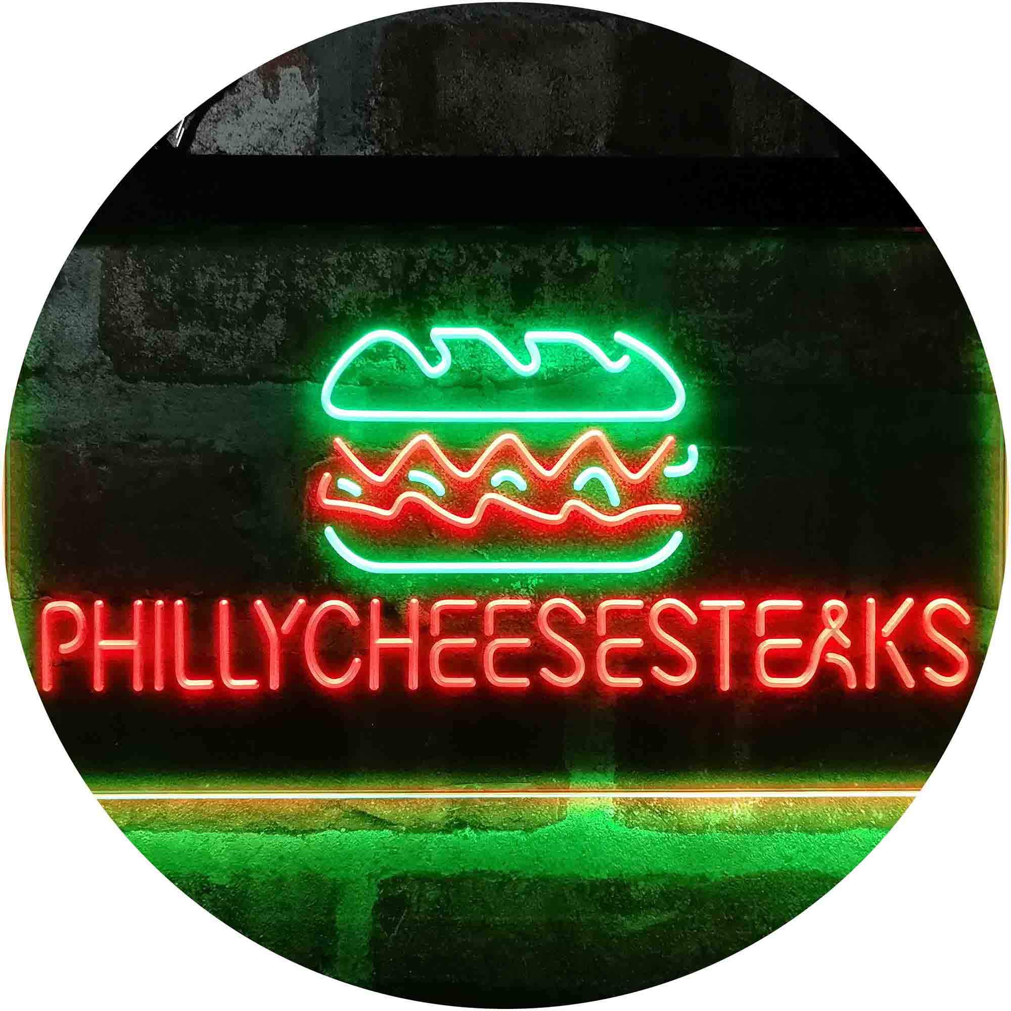 ADVPRO Philly Cheese Steaks Burger Café Dual Color LED Neon Sign - Green & Red 24x16 Inches - Vintage Diner Decor for Restaurants, Bars & Home Kitchen