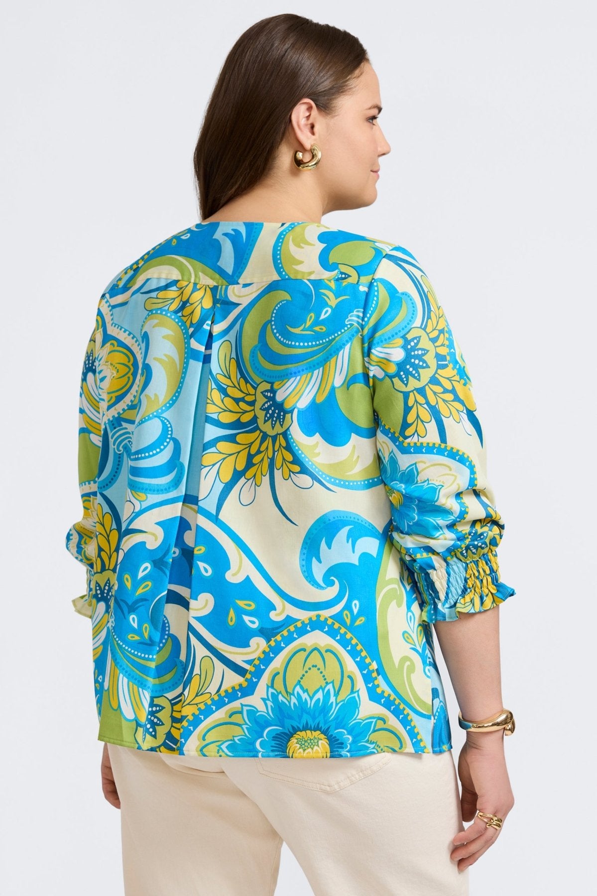 Alicia Plus Tropical Jacobean 3/4 Sleeve Popover Shirt for Women - Floral Print Casual Blouse for Summer Vacation & Beach Outfits