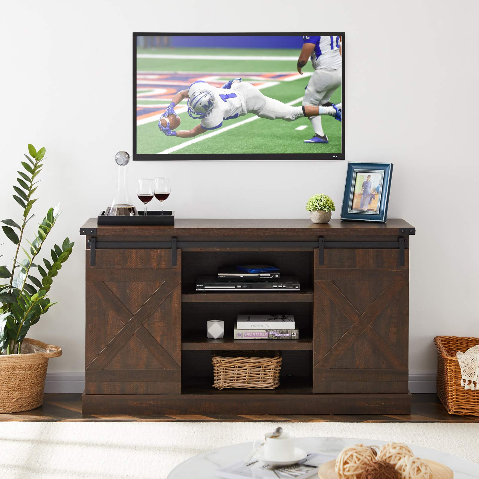 Rustic Wood TV Stand with 2 Sliding Barn Doors - Farmhouse Style Entertainment Center with Storage Shelves for Living Room & Guest Room - Universal TV Cabinet Console Table for 40-70 inch TVs (Brown) | Perfect for Farmhouse Decor & Home Theater Setup