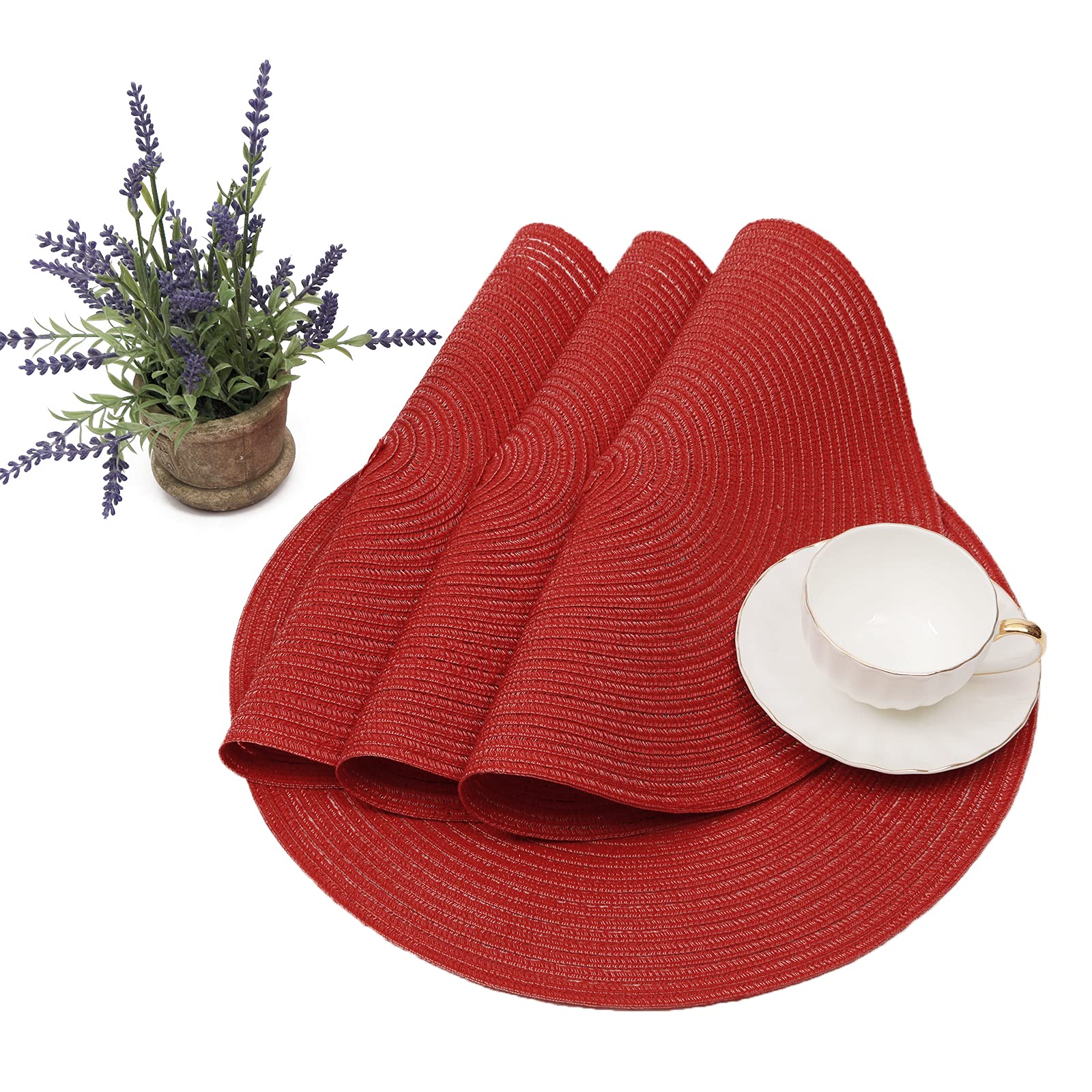 SHACOS 15 Inch Round Braided Placemats Set of 4 - Washable & Durable Table Mats for Kitchen, Dining, Home Decor - Perfect for Wedding, Party, Holiday Dinner (Red) - Ideal for Indoor & Outdoor Entertaining