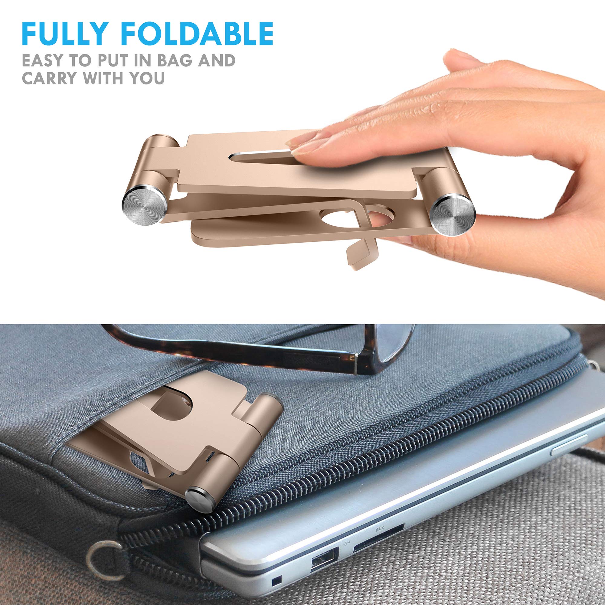 Aduro U-Rise Adjustable & Foldable Aluminum Phone Stand - Universal Smartphone Holder for Desk, Tabletop, Office & Home - Gold (Portable, Durable Steel Design) - Perfect for Video Calls, Watching Movies & Hands-Free Use