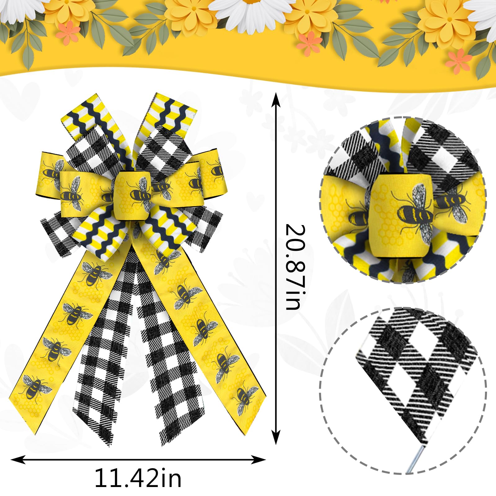 Large Spring Summer Wreath Bows - Black White Buffalo Plaid Happy Bee Day Decorations | Farmhouse Style First Birthday Party Bows for Front Door, DIY Crafts | Perfect for Seasonal Home Decor, Baby Showers & Wedding Decor
