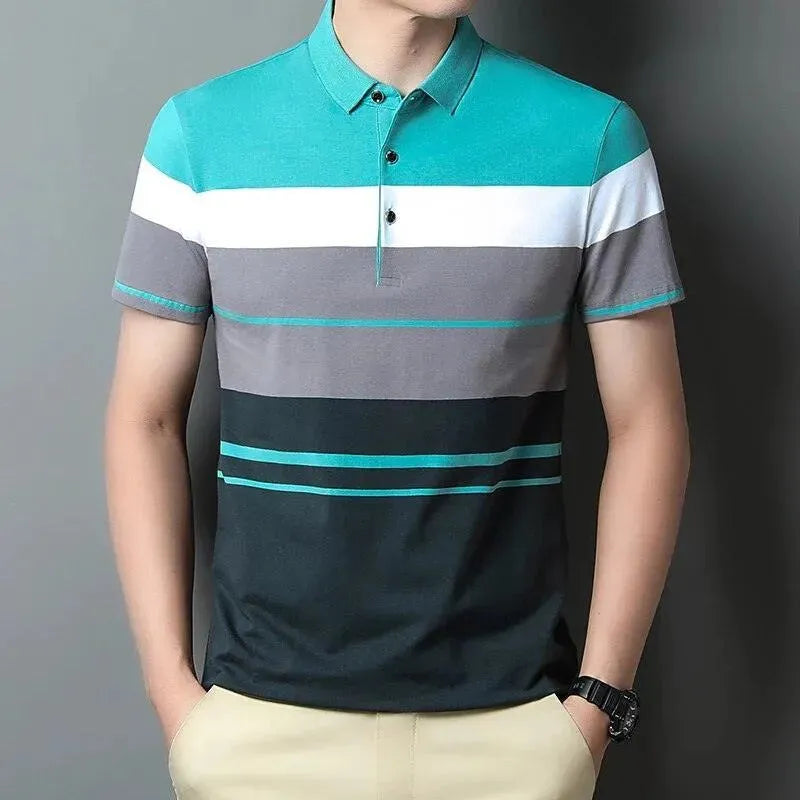 Men's Gradient Striped Polo Shirt - Casual Slim Fit Short Sleeve Cotton Shirt for Golf, Office & Summer Outfits