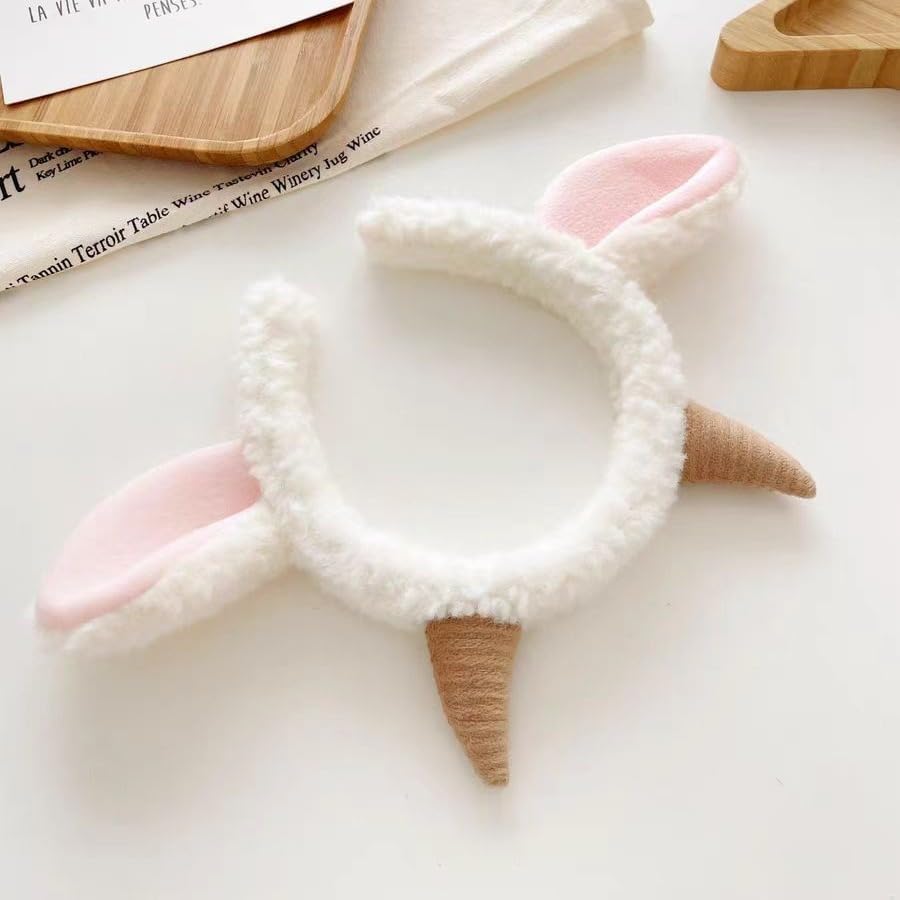 CALLARON Sheep Ear Headband with Horns - Cute Animal Hairband for Women & Kids - Goat Costume Accessory for Halloween, Cosplay, Parties & Festivals - 9.04x9.82 Inch Furry Headwear