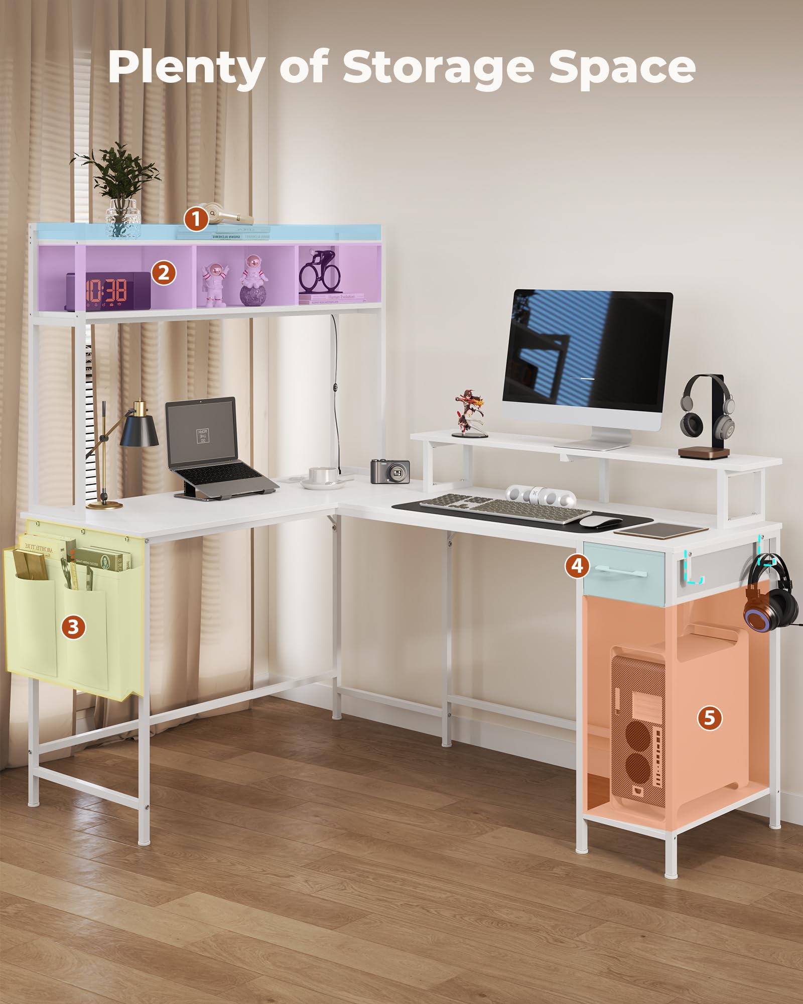 L-Shaped Computer Desk with LED Lights & Power Outlet, Gaming Desk with Bookshelf & Monitor Stand, Reversible Office Desk with Drawers & 2 Hooks - White for Home & Office Workspace