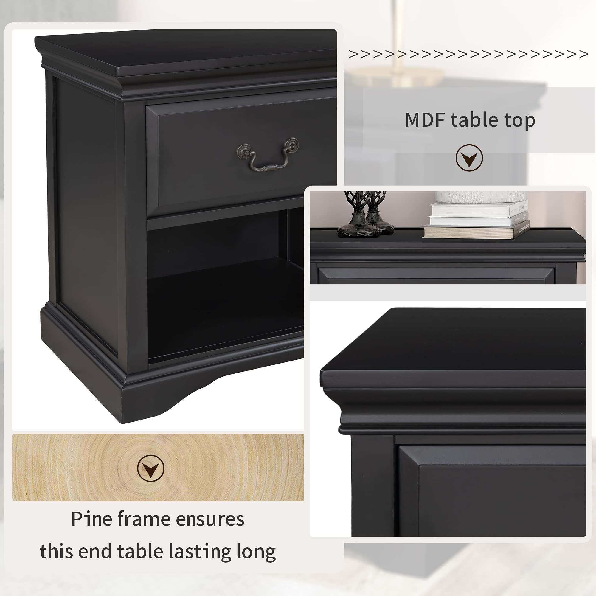 Solid Wood End Table Nightstand with 1 Drawer & Shelf - Rustic Retro Side Table for Living Room, Bedroom & Office - Traditional Storage Sofa Table in Black - Perfect for Small Spaces, Reading Nooks & Guest Rooms