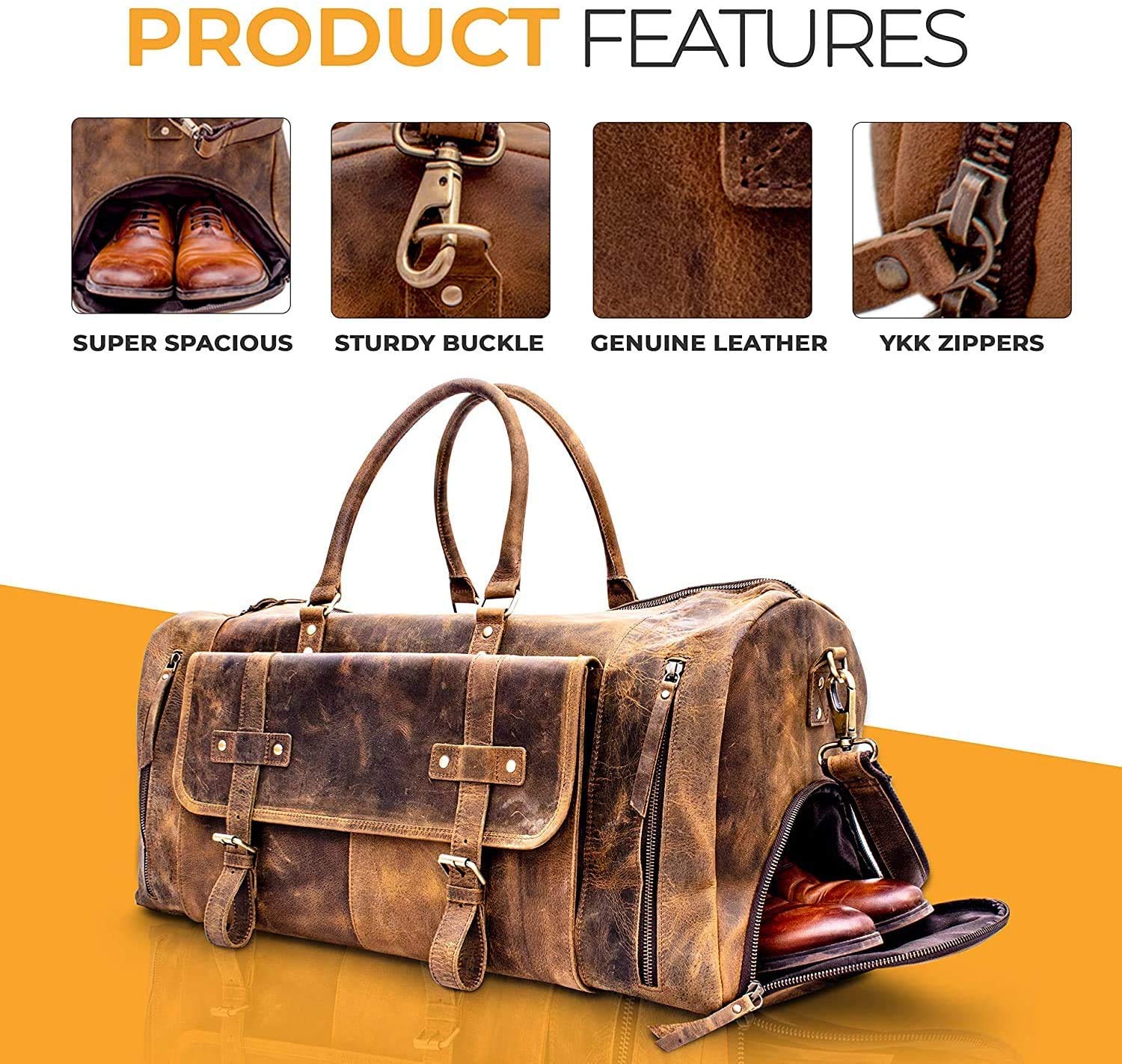Premium Full Grain Leather Travel Duffel Bag for Men & Women - Durable Overnight & Weekend Gym Bag - Perfect for Sports, Gym, Business Trips & Outdoor Adventures