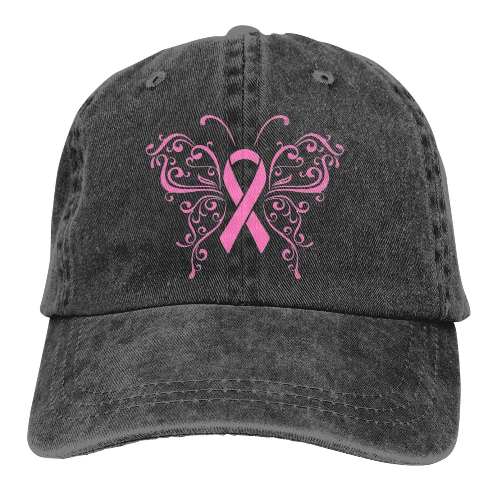 Pink Ribbon Butterfly Breast Cancer Awareness Baseball Cap - Denim Trucker Hat for Women & Men - Support Survivors, Wear for Charity Events & Daily Outfits