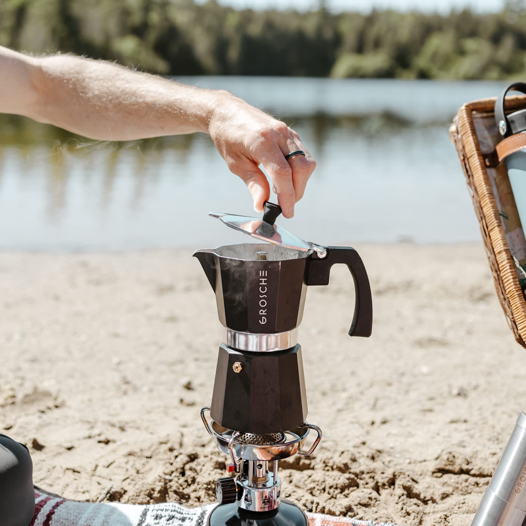 GROSCHE Milano Stovetop Espresso Maker - 3 Cup Moka Pot (5 oz) - Italian Coffee Maker for Cuban Coffee, Black - Perfect for Home, Camping & Gifts