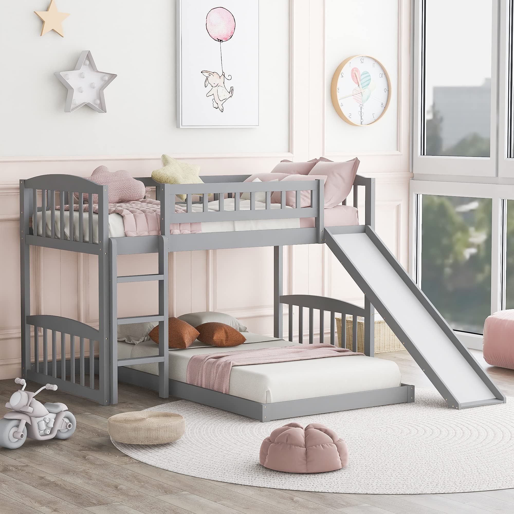 Knocbel Twin Size Loft Bed with Floor Platform - Sturdy Wooden Bunk Bed Frame with Guardrails, Reversible Slide & Ladder - 77.4