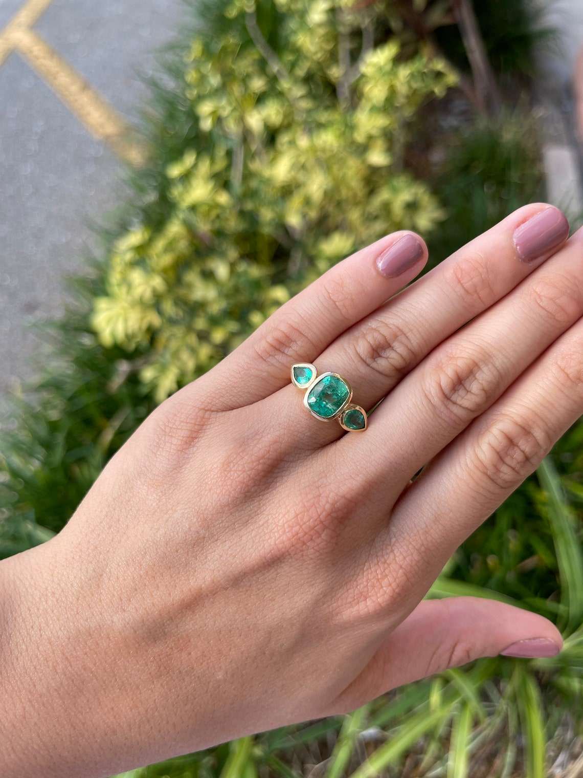 14K Gold Three Stone Cushion & Pear Emerald Ring (4.40tcw) - Elegant Jewelry for Engagement, Wedding & Special Occasions