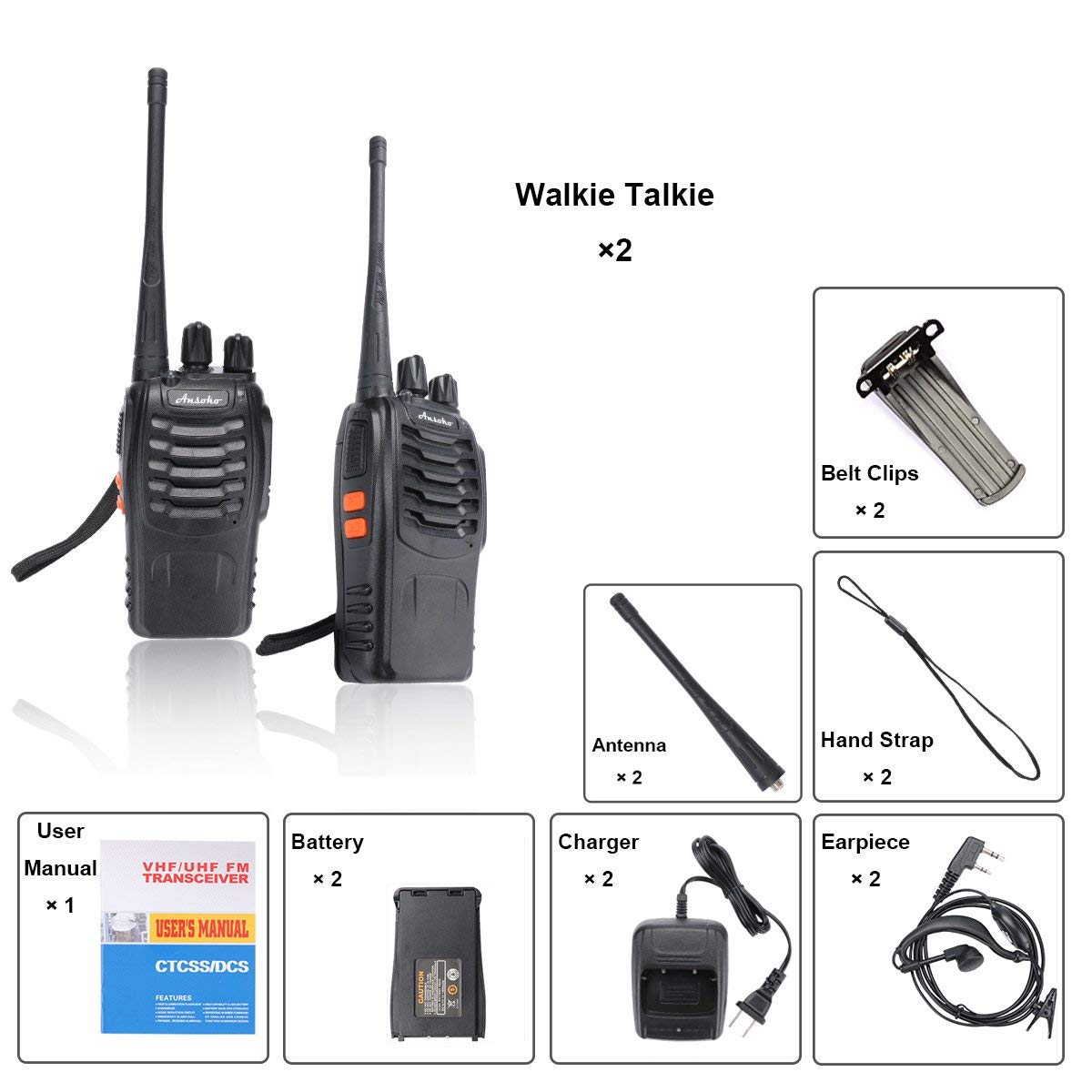 Rechargeable Long Range Walkie Talkies - 16 Channel Two Way Radios with Earpiece (2 Pack) for Outdoor Adventures, Hiking, Camping & Emergency Communication