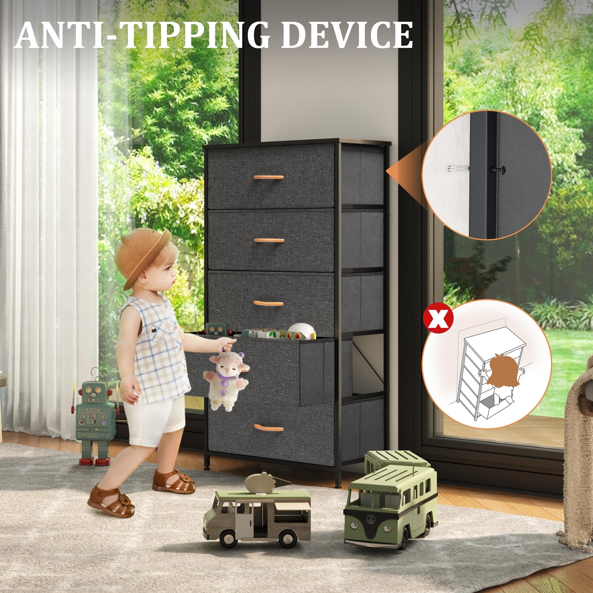 5-Drawer Tall Skinny Dresser for Bedroom - Wooden Top Steel Frame Storage Organizer Tower | Space-Saving Closet, Living Room, Nursery & Hallway Furniture (Grey) - Perfect for Small Spaces & Home Organization