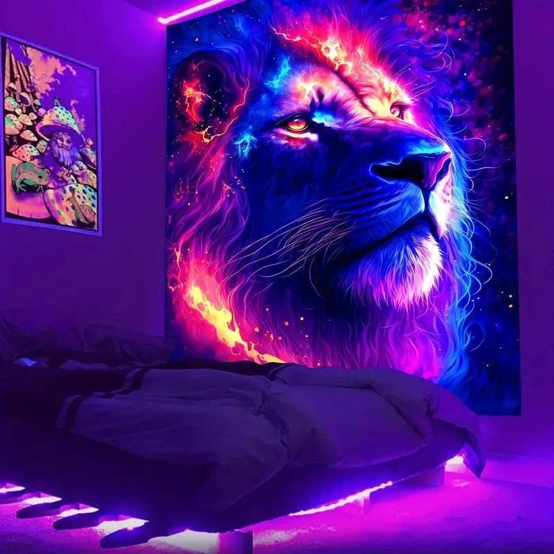 Lion Tapestry Wall Hanging - UV Reactive Glow in The Dark Art Decor for Bedroom, Dorm & Festival - Unique Hippie Boho Tapestry for Home Decor