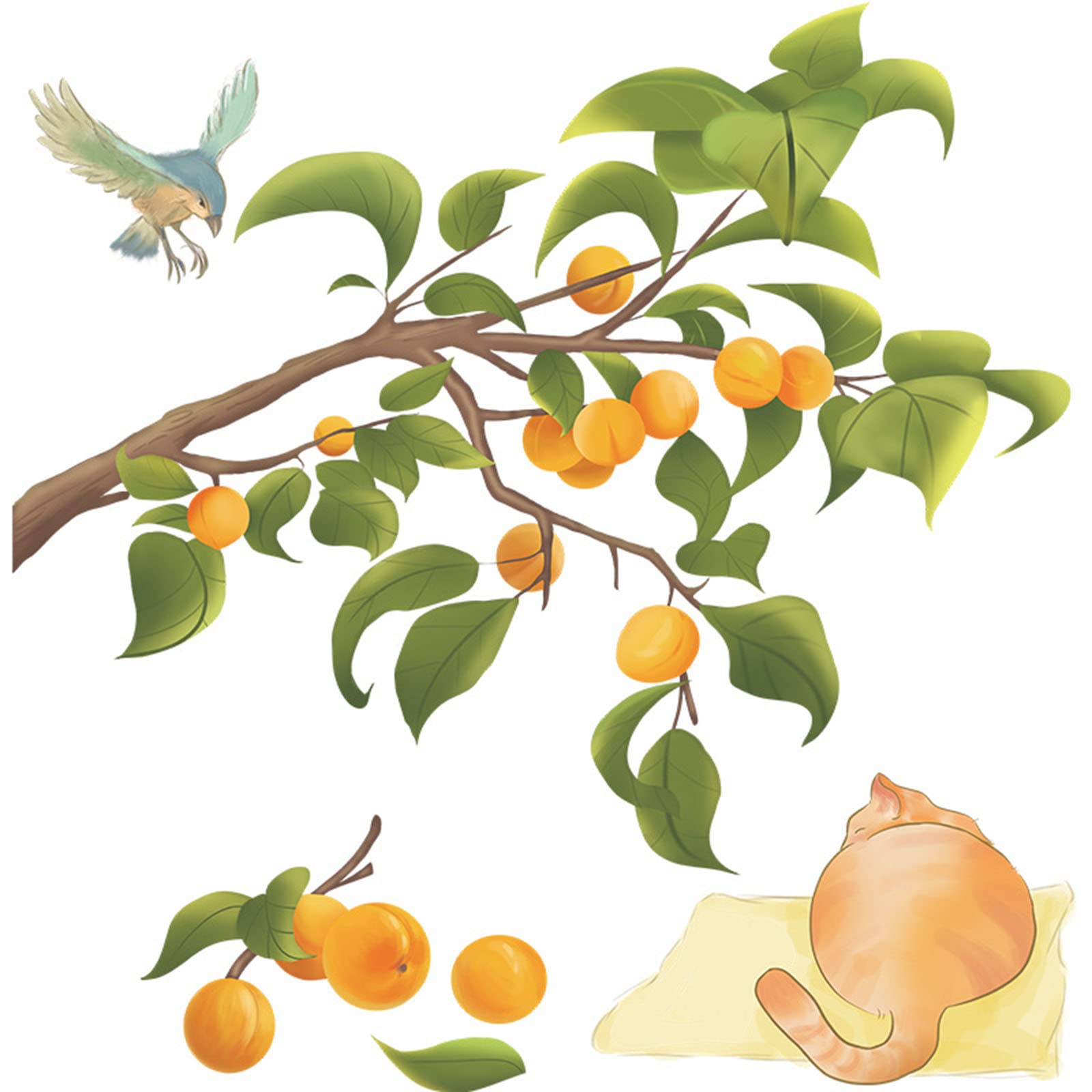 Fruit Tree Kittens Wall Stickers - Cute Cat & Fruit Peel and Stick Decals for Bedroom, Living Room, Porch - Removable Home Wall Decor (12