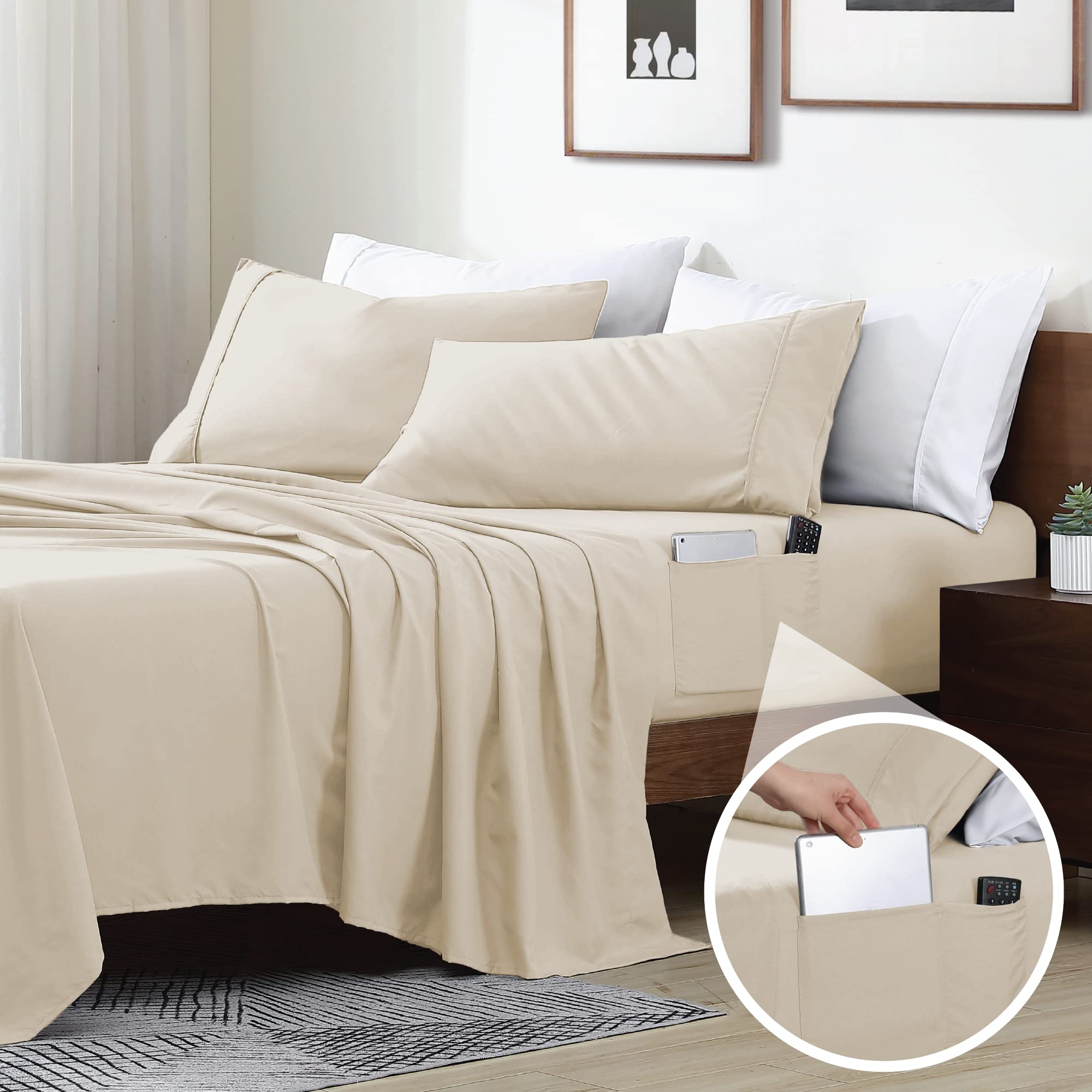 Swift Home Smart Sheets - Ultra Soft Brushed Microfiber 3-Piece Bed Sheet Set with Side Storage Pockets, Cream Color, Twin Size - Perfect for Dorms, Guest Rooms & Small Spaces