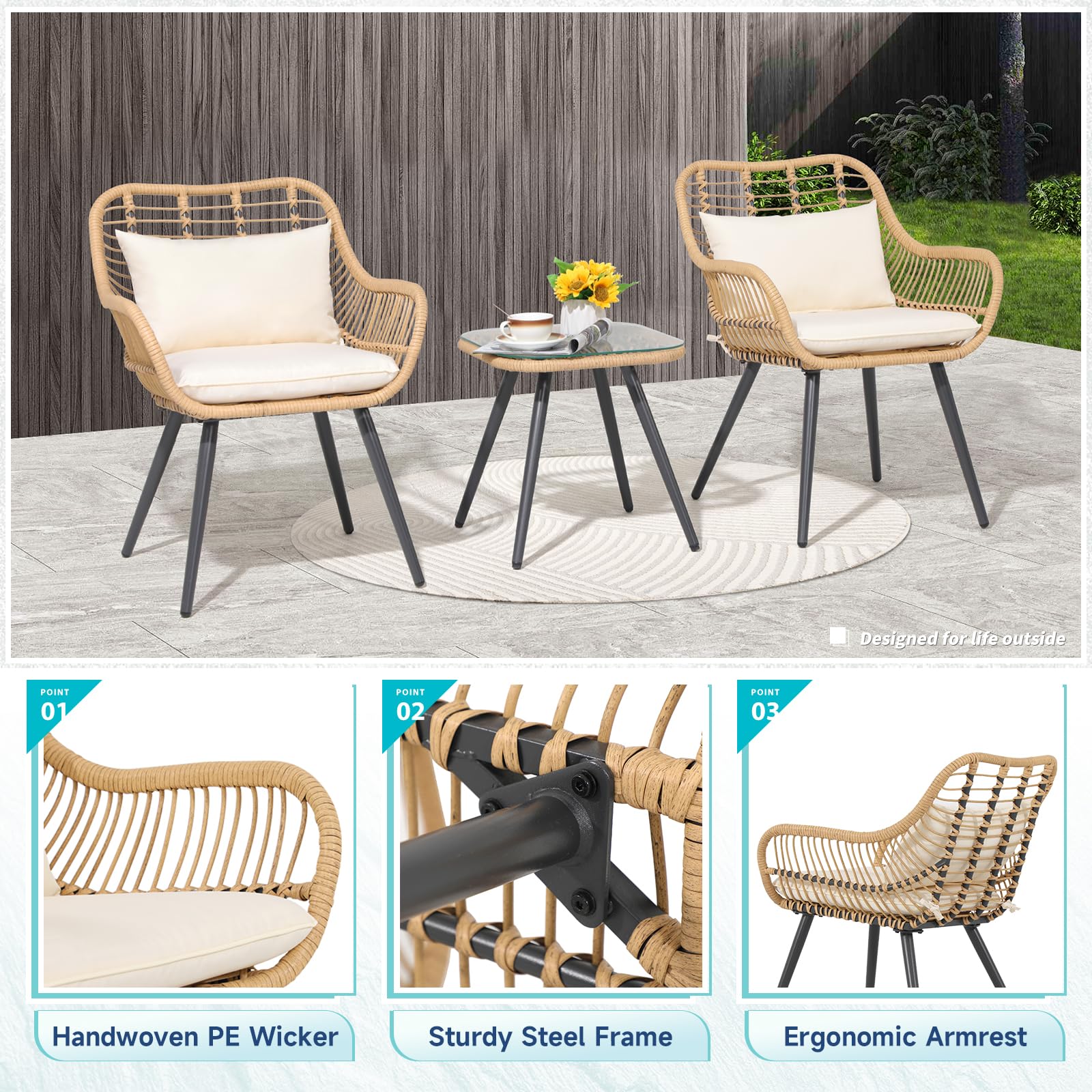 Verano Garden 3-Piece Patio Bistro Set - Outdoor Wicker Conversation Chairs with Glass Top Coffee Table & Cushions - Perfect for Balcony, Porch, Backyard, Deck and Poolside Relaxation | Durable Weather-Resistant Patio Furniture for Outdoor Entertaining & Lounging