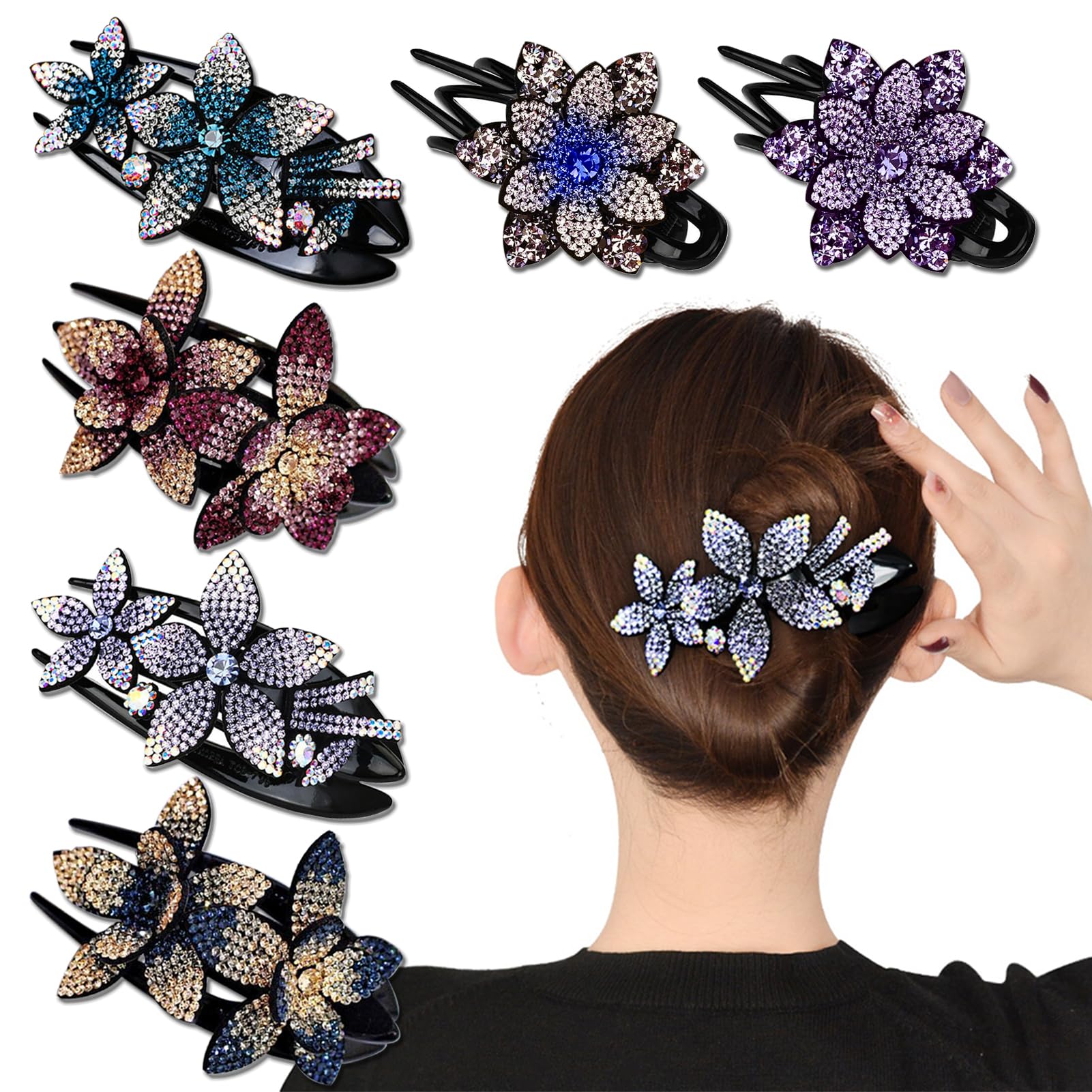 6 Pack Rhinestone Crystal Double Flower Hair Clips for Women & Girls - Non-Slip Duckbill Hairpins with Teeth for Thick Long Hair - Elegant Hair Accessories for Weddings, Parties & Daily Styling