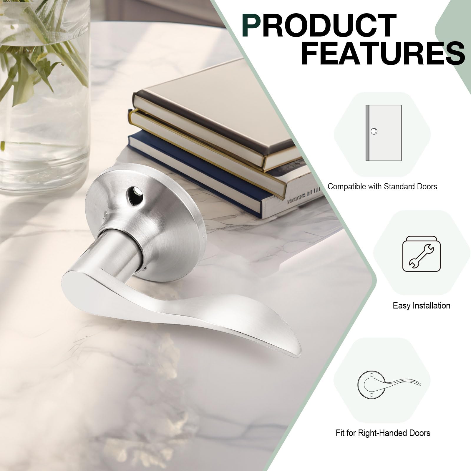 Gobekor 2 Pack Satin Nickel Dummy Door Handles - Right-Handed Wave Lever Non-Turning Lock for Interior Closet & Single Side Doors - Perfect for Bedrooms, Bathrooms and Storage Spaces