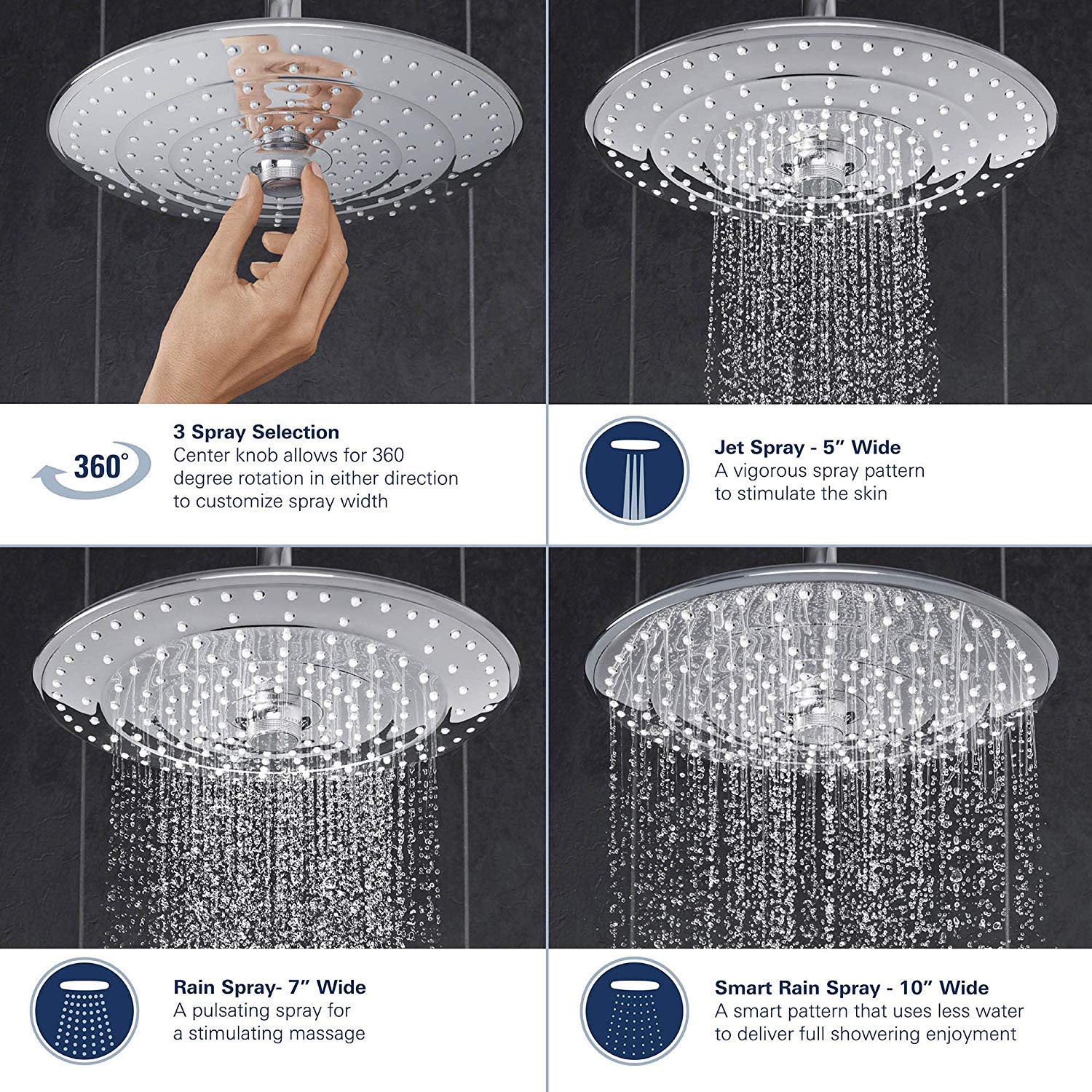 Grohe 26457EN0 Euphoria 260 Shower Head with 3 Spray Patterns - 2.5 GPM Water Saving - Brushed Nickel InfinityFinish - Perfect for Spa-Like Bathroom Experience & Modern Home Upgrade