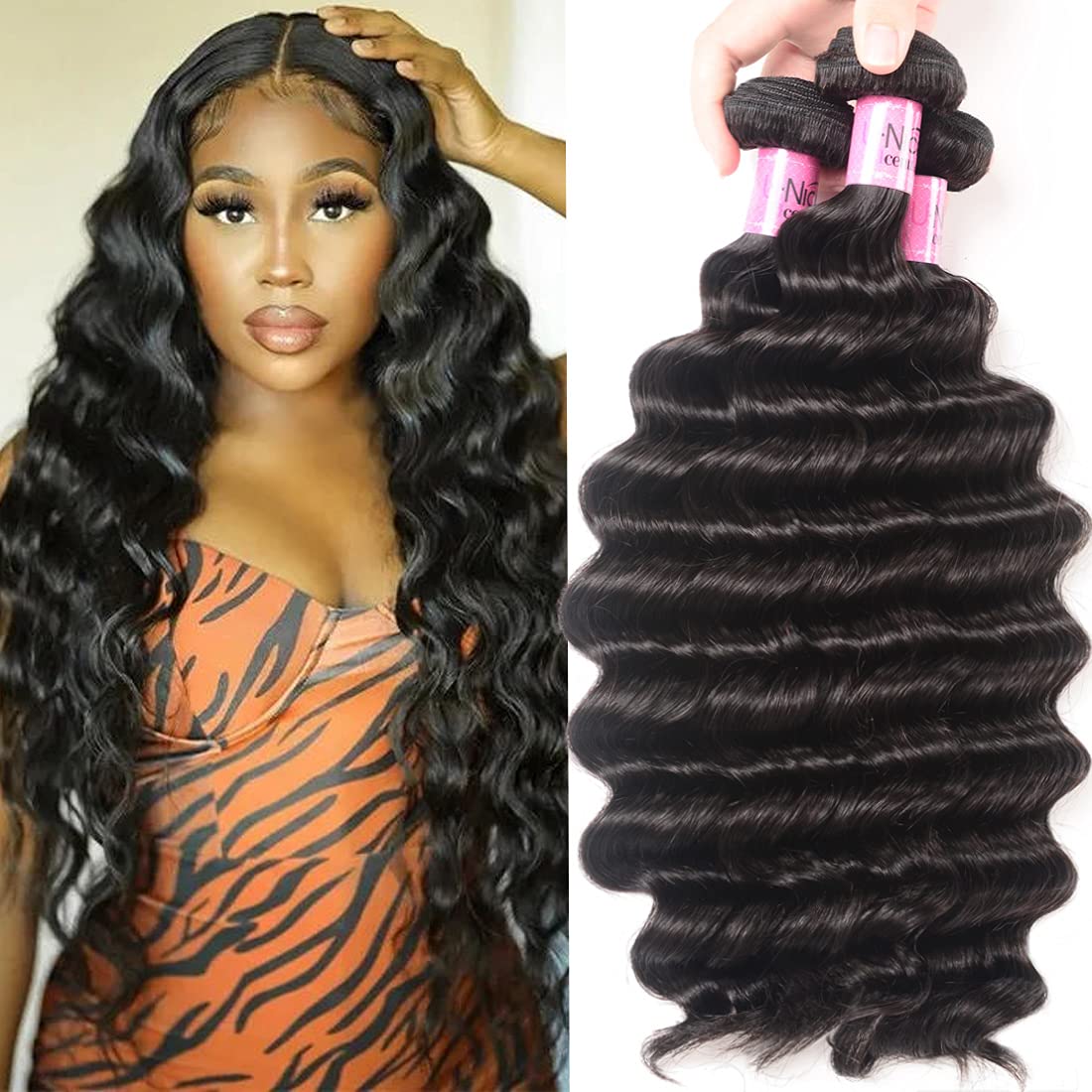 UNice Hair 10A Brazilian Loose Deep Wave Human Hair Extensions - 100% Virgin Unprocessed Wefted Hair 3 Bundles (12 14 16 Inch) - Natural Black Color for Stunning Hairstyles - Perfect for Daily Wear, Parties & Special Occasions