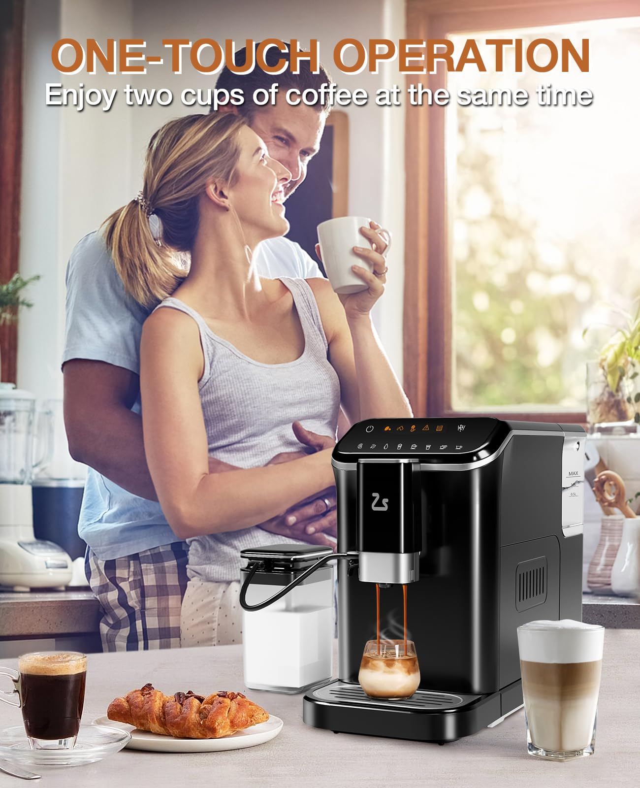 Premium 20 Bar Super-Automatic Espresso Machine with Built-in Adjustable Grinder & Milk Tank - 15 Grind Size Levels - Perfect Gift for Coffee Lovers - Ideal for Home, Office & Cafe Use