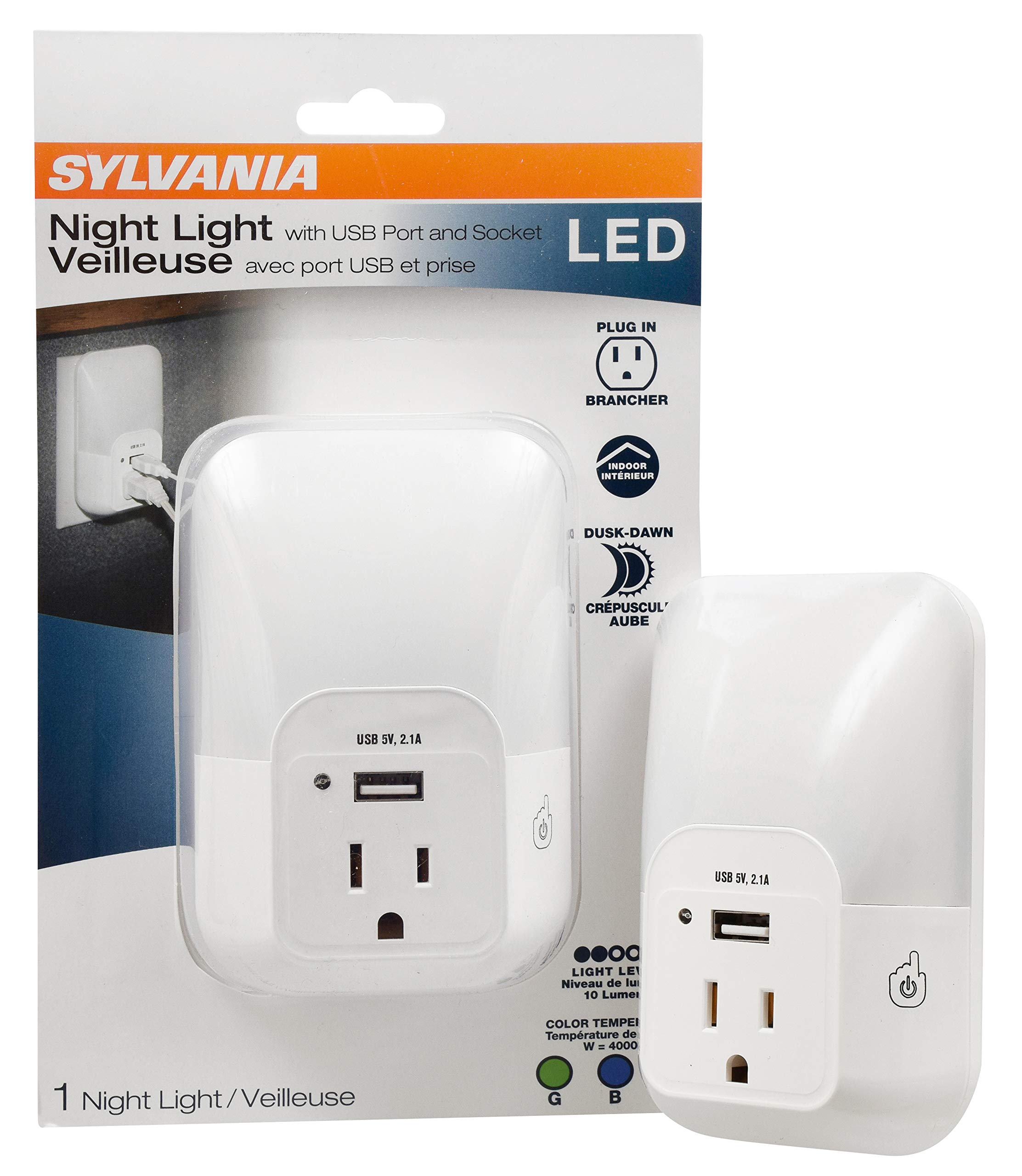 SYLVANIA LED Night Light with USB Port & Outlet, 3-Color Adjustable (3000K Warm White/5000K Daylight/6500K Cool White), 5 Lumens, Frosted Cover - Perfect for Bedrooms, Hallways, Bathrooms & Nursery (1-Pack)