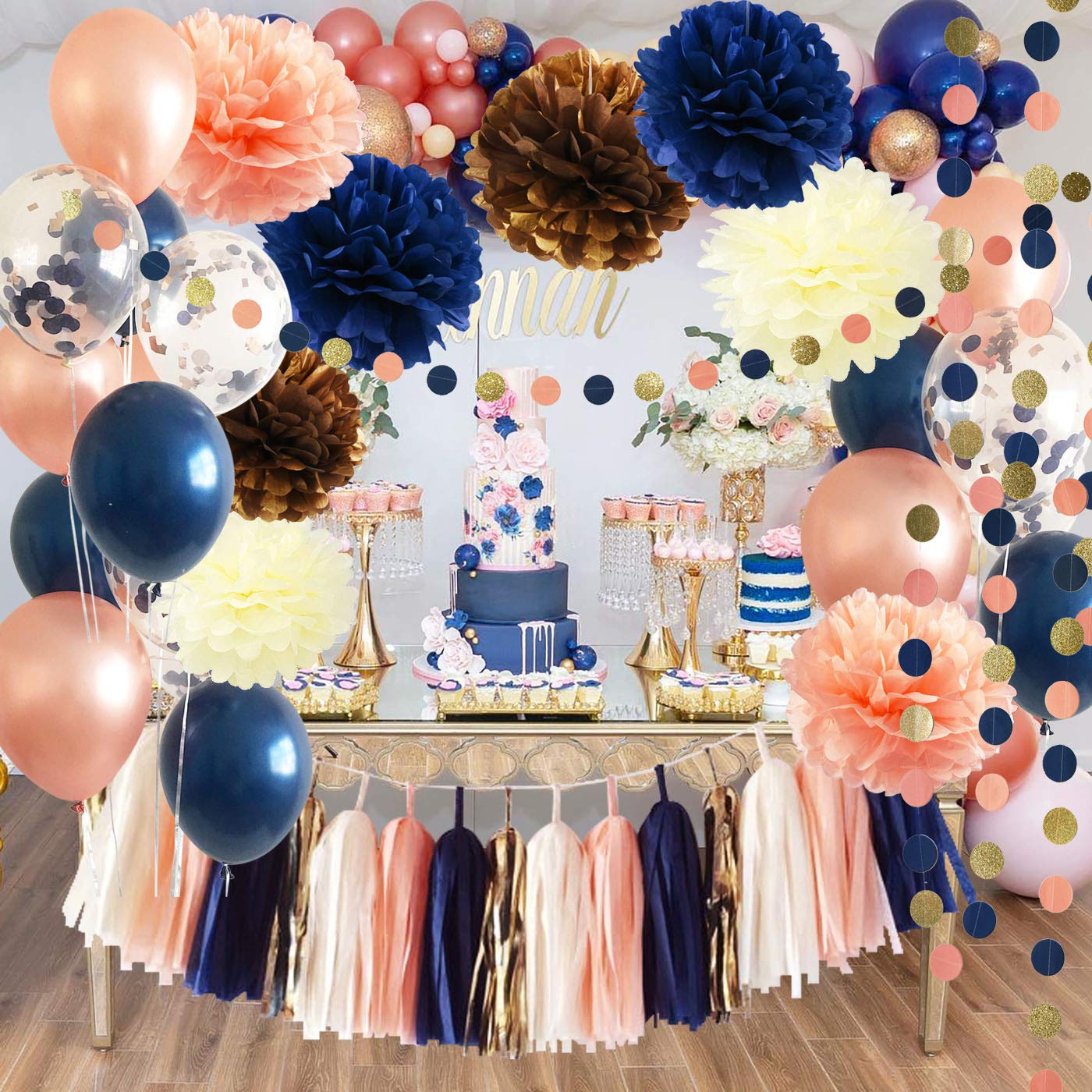 Navy Rose Gold Birthday Party Decorations for Women - Gender Reveal, Bridal Shower & Bachelorette Party Supplies - Elegant Navy Peach Wedding Balloons & Decors by Qian's Party - Perfect for Baby Showers, Anniversary Celebrations and Special Events