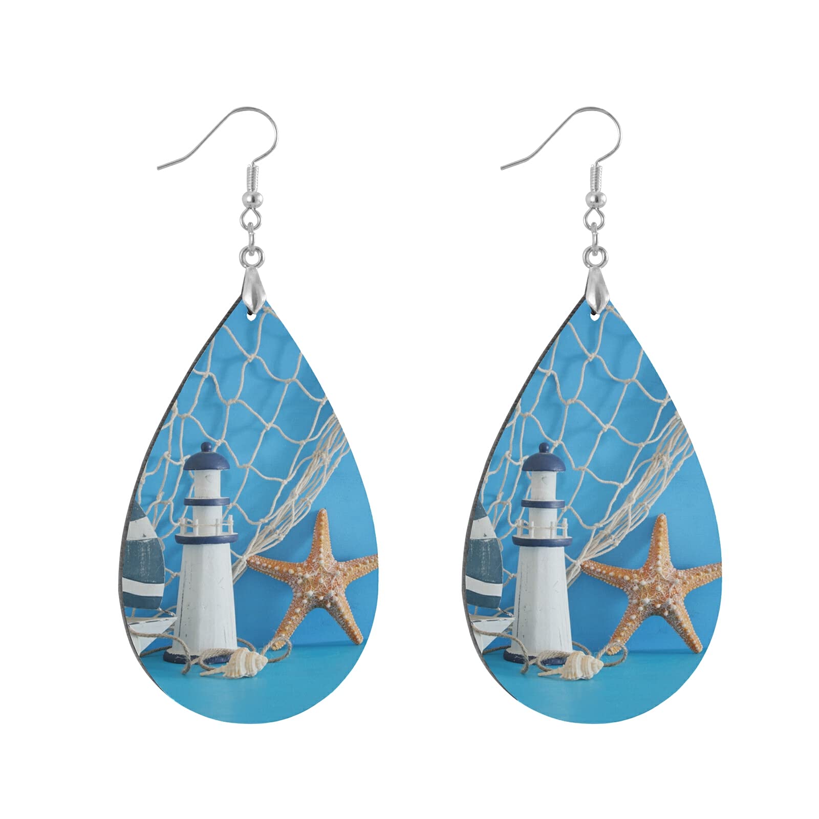 Nautical Sailboat Lighthouse Starfish Seashell Fishnet Blue Wooden Teardrop Earrings - Handmade Natural Wood Dangle Earrings for Women & Girls | Perfect for Beach Vacations, Summer Outfits and Boho Fashion