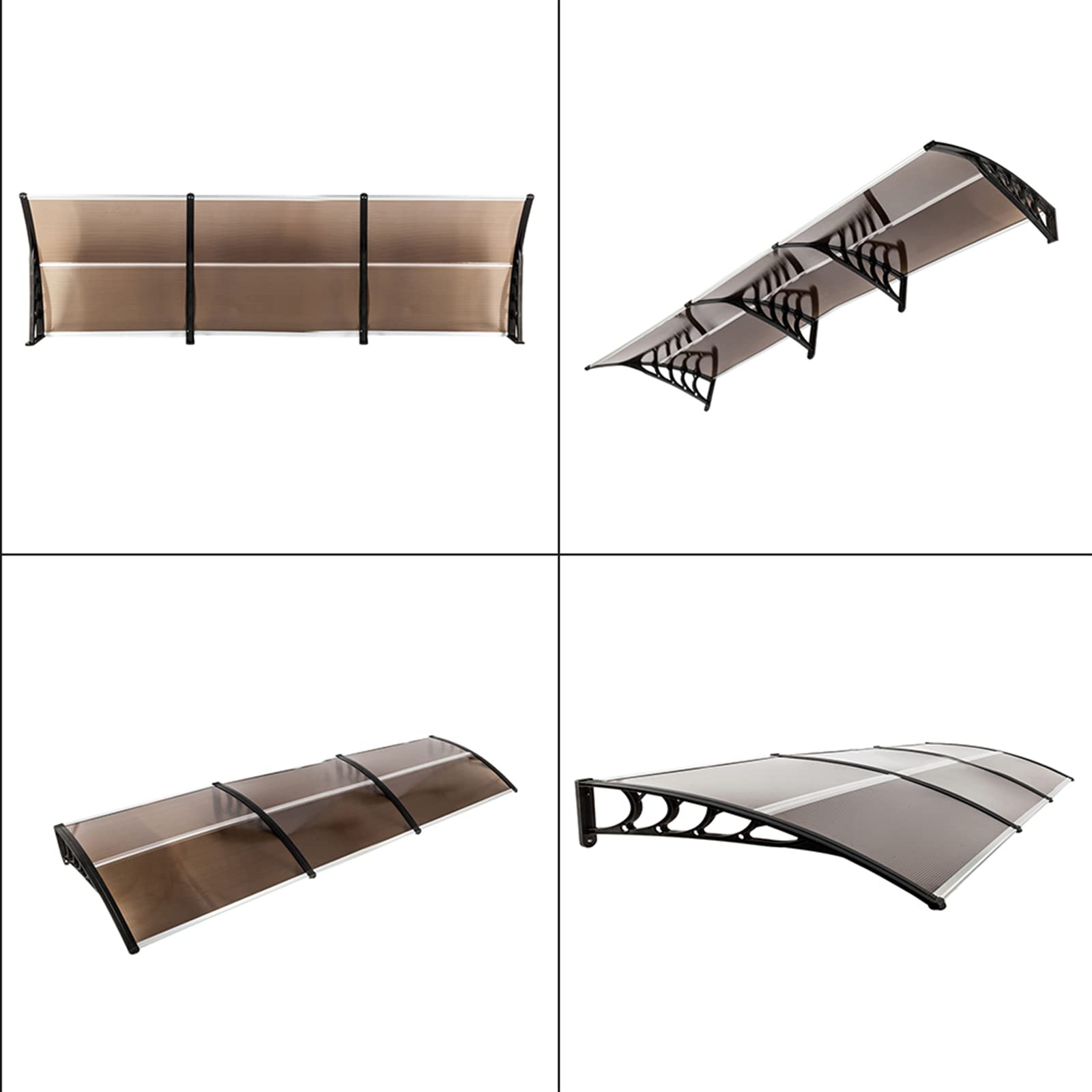 300 x 96cm Waterproof Outdoor Door Awning - Brown Polycarbonate Panels with Black Aluminum Holder - Perfect for Porch, Patio, Window & Eaves Protection - UV Resistant & Weatherproof Canopy for Home & Garden Use
