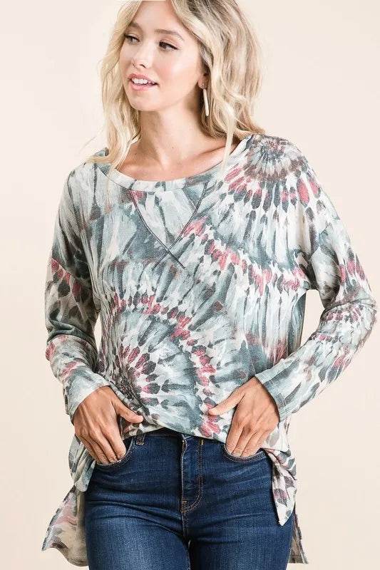 BiBi Tie Dye Terry Top with Contrast Stitching - Stylish Women's Casual Shirt for Summer Outfits, Beach Wear, and Festival Fashion