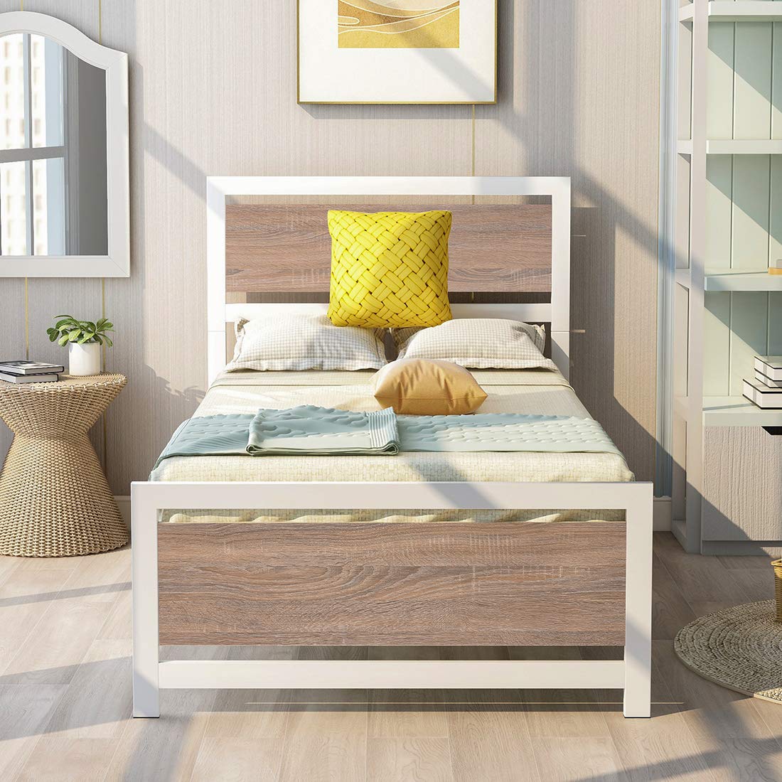 ZBRO White Metal Bed Frame with Headboard & Footboard - Space Saving Platform Bed for Small Rooms, No Box Spring Needed, Twin Size - Perfect for Dorm, Apartment & Guest Room