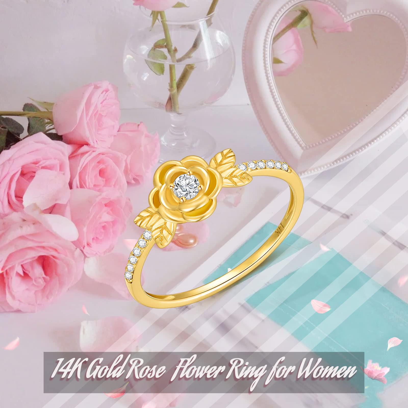 14K Real Gold Rose Flower Ring for Women - Yellow Gold Natural Diamond Engagement Ring, Wedding Band, Anniversary & Birthday Gift for Her - Perfect for Proposals, Weddings, and Special Occasions