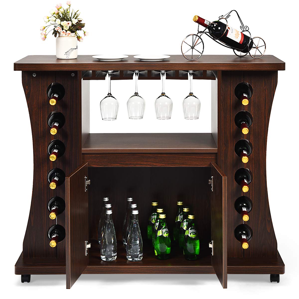 Giantex 12-Bottle Rolling Bar Cabinet with Glass Holder - 2-Door Mobile Buffet Sideboard with Storage for Wine, Liquor & Kitchen Essentials - Perfect for Dining Room, Living Room & Home Entertaining (Brown)