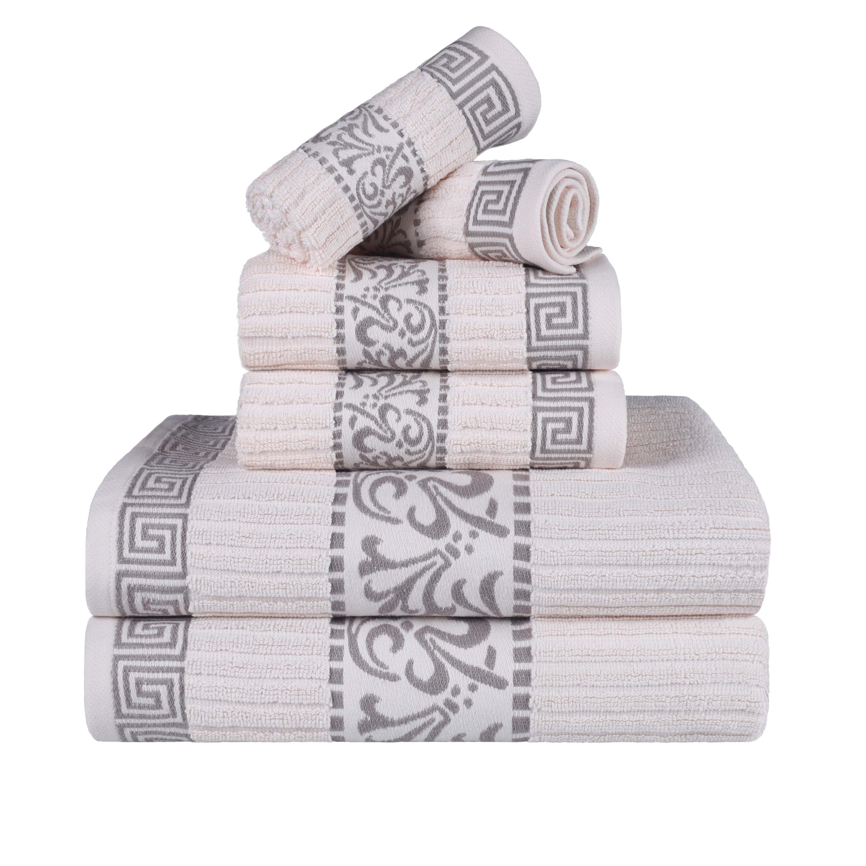 Athens Cotton Greek Scroll and Floral 6-Piece Bath Towel Set - Soft & Absorbent for Bathroom, Spa, and Beach Use