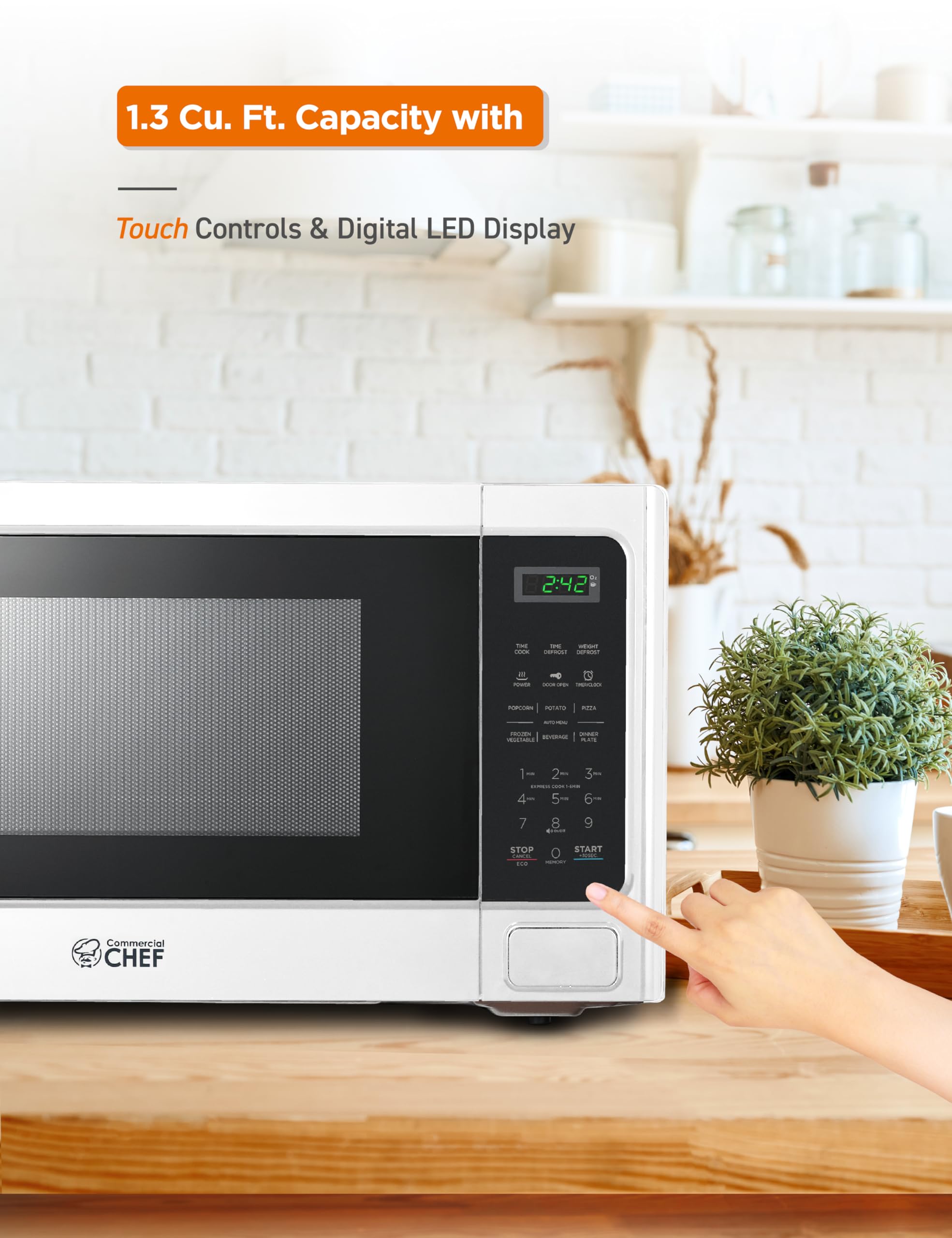 Commercial Chef 1.3 Cu Ft 1000W Countertop Microwave with 10 Power Levels, Push Button Door Lock, Digital Controls & Timer - Perfect for Home Kitchen, Office, Dorm Rooms & Small Spaces (White)