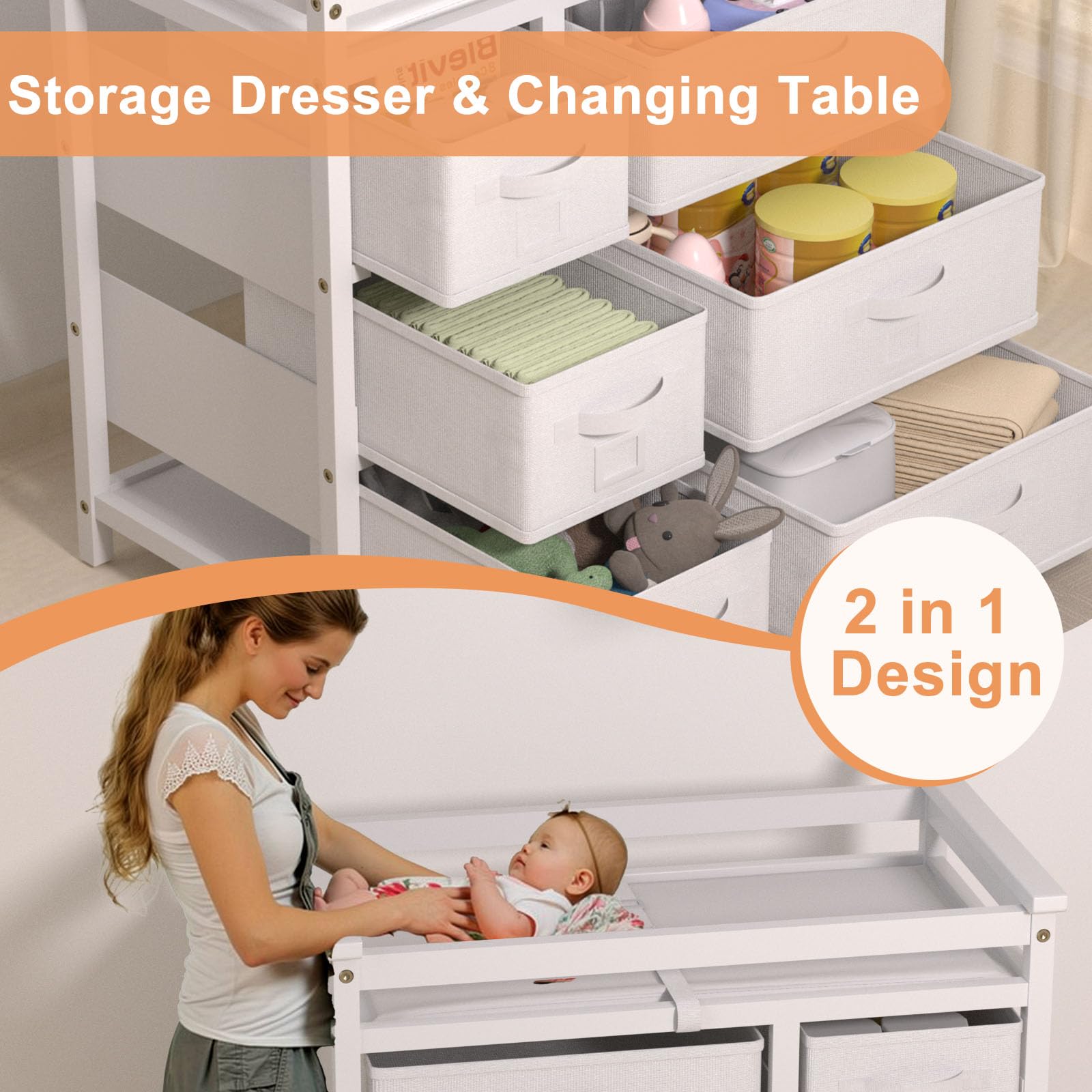 XJD Baby Changing Table with 6 Storage Drawers & Changing Pad - White Nursery Organizer for Diapers, Wipes & Baby Essentials - Perfect for Nursery, Bedroom or Baby Shower Gift