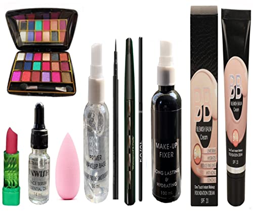10-Piece Complete Makeup Kit for All Skin Types - Includes Eyeshadow, Eyeliner, Mascara, Kajal, Makeup Fixer, Face Primer, Essential Oil Serum, Puff, Lipstick & Foundation | Perfect for Daily Use, Travel & Professional Makeup Artists