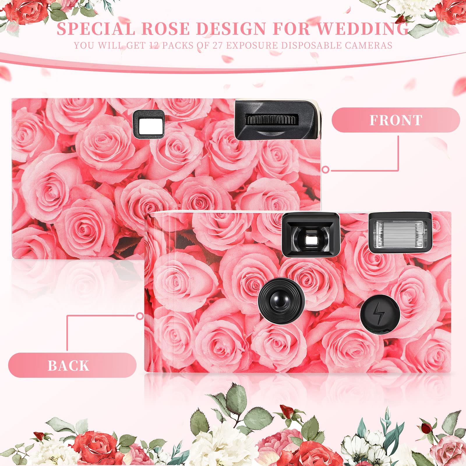 12 Pack Disposable Film Cameras with Flash - Single Use Wedding Cameras for Parties, Travel, Anniversaries & Camping (Pink Rose) - Perfect for Capturing Memories at Events & Special Occasions