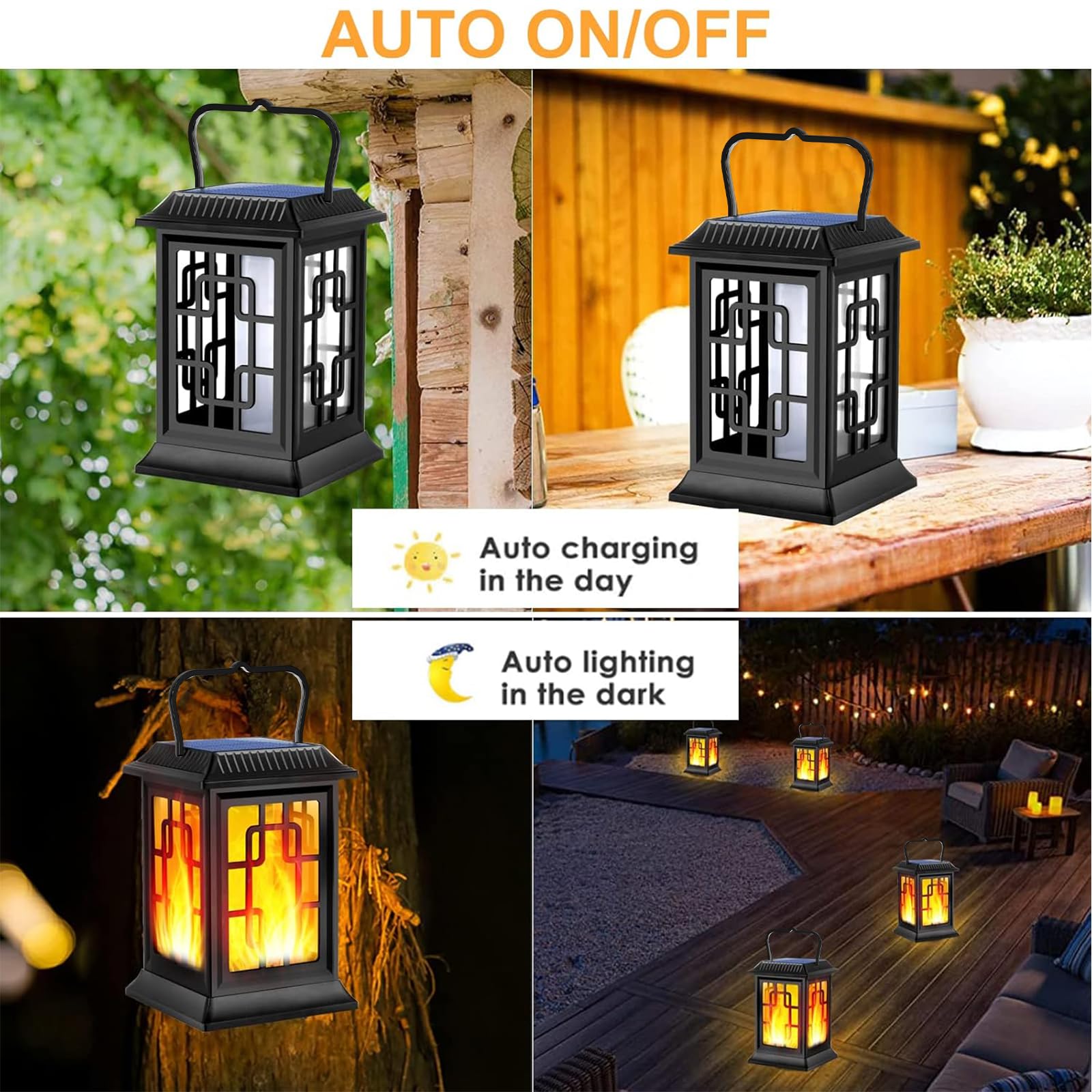 Solar Powered Outdoor Lanterns - Waterproof Hanging Garden Lights with LED Flame Effect for Patio, Pathway, Deck & Yard (2 Pack) - Perfect for Backyard Parties, Camping & Emergency Lighting