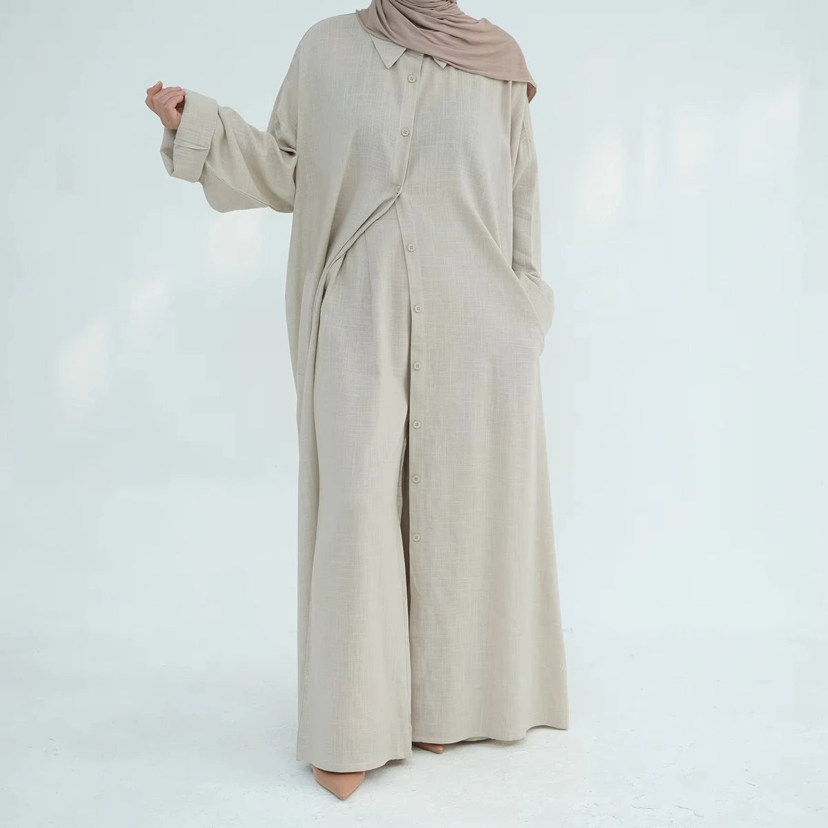 2-Piece Linen Cotton Blend Robe and Pants Set for Women - Comfortable Arab Style Lounge Wear - Perfect for Daily Use, Home Relaxation & Prayer Outfits