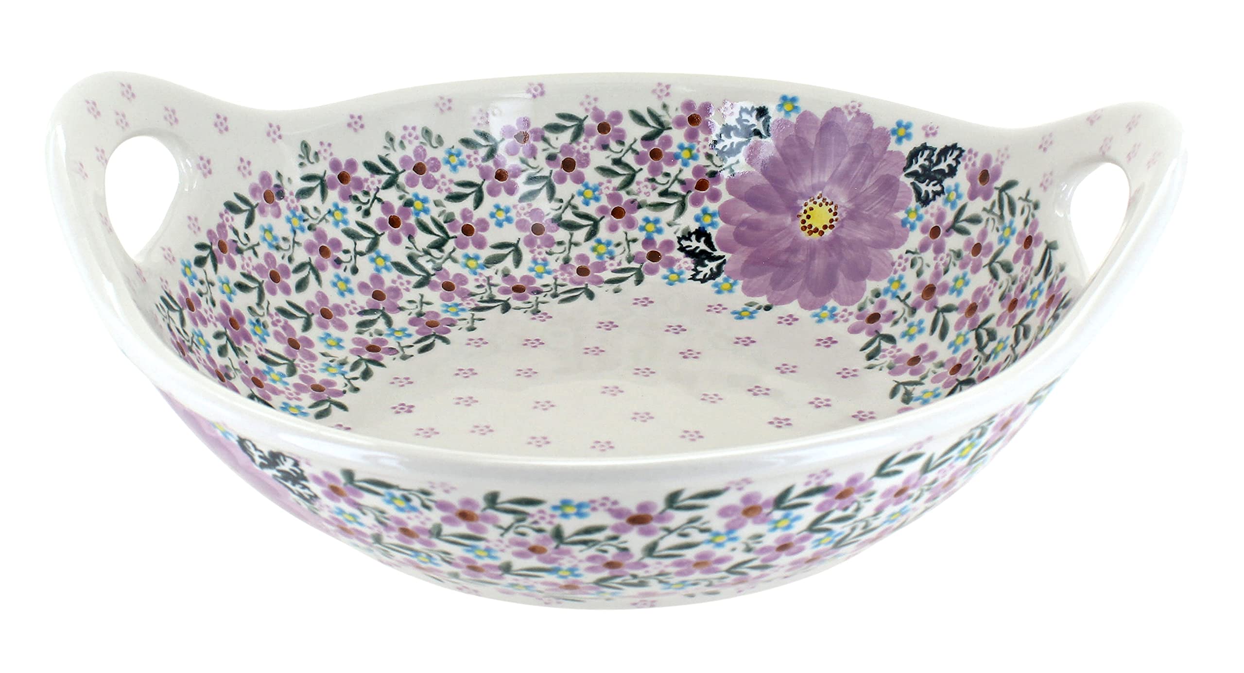 Handmade Blue Rose Polish Pottery Lilac Garden Deep Bowl with Handles - Elegant Serving Bowl for Soups, Salads & Pasta - Perfect for Dining, Gifts & Home Decor