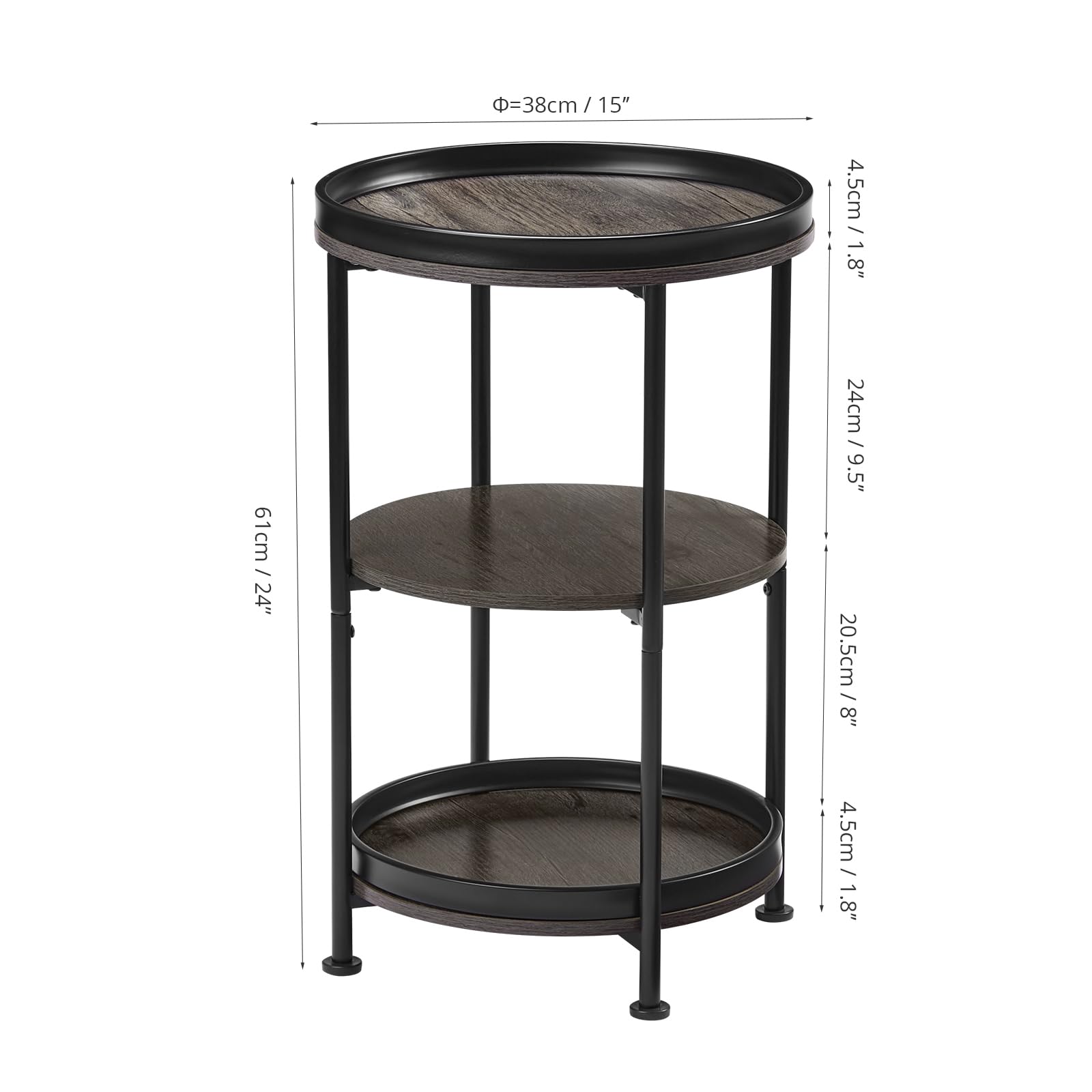 Dulcii Round Side Table with 3 Shelves - Industrial Steel Frame End Table for Living Room, Bedroom, Nightstand - Small Space Sofa Table & Outdoor Coffee Table in Grey - Perfect for Apartments, Dorms, and Patio Decor