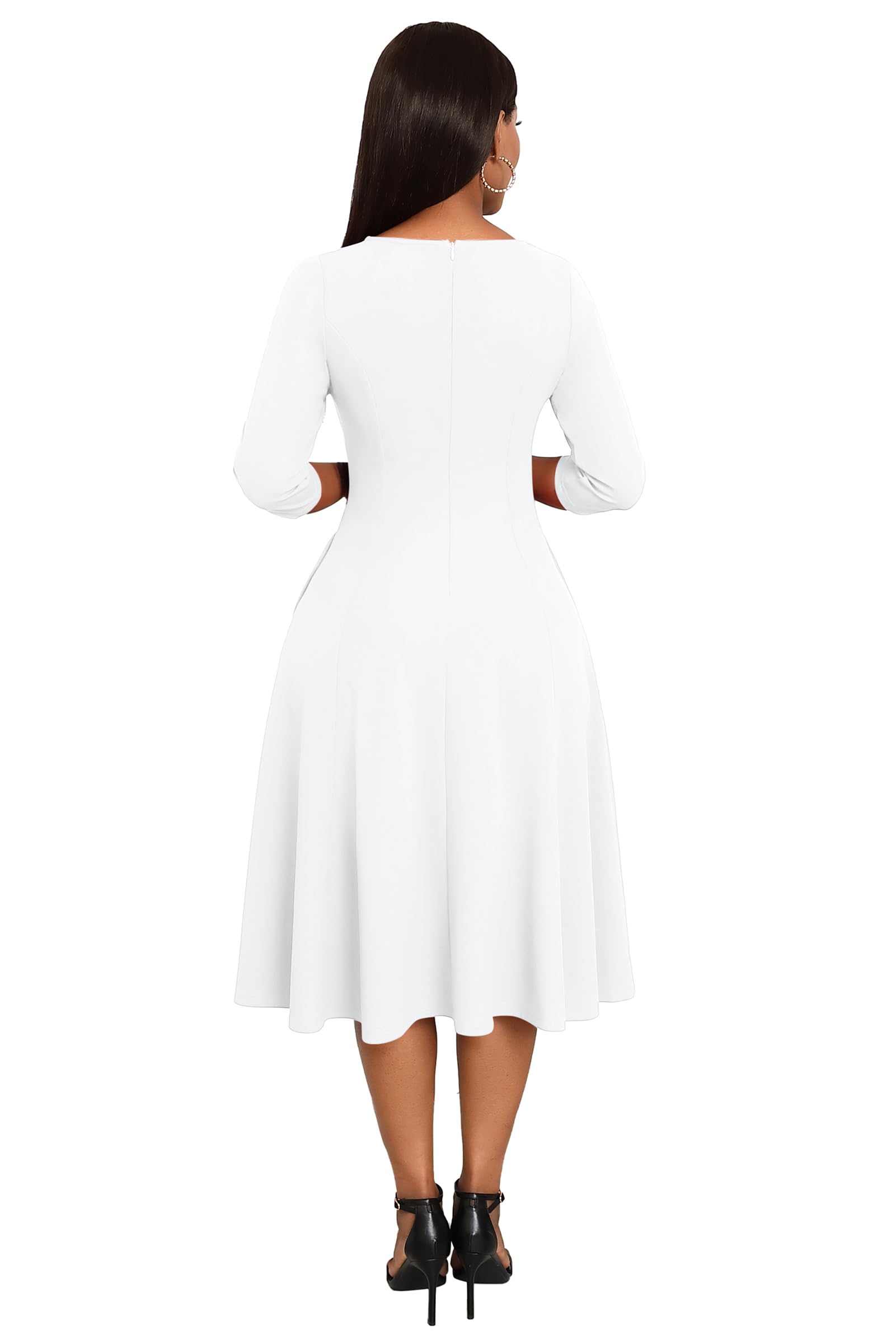Stylish Nmoder Midi Dresses for Women - A-Line Fit & Flare Cocktail Dress with 3/4 Sleeves & V-Neck | Perfect for Wedding Guest, Office Work & Special Occasions | Features Convenient Pockets