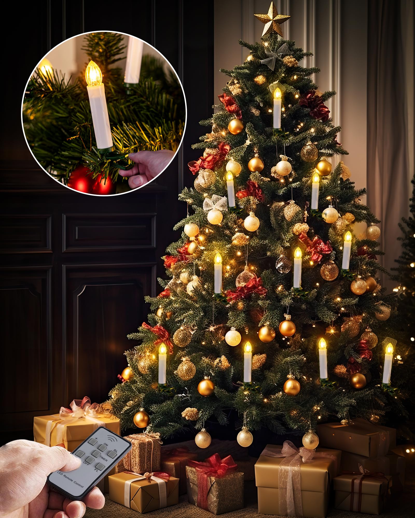 Homemory 10 Pack Clip On LED Candles for Christmas Tree - Remote Control & Timer, Flickering Warm White Window Candles with Clips/Suction Cups (0.7