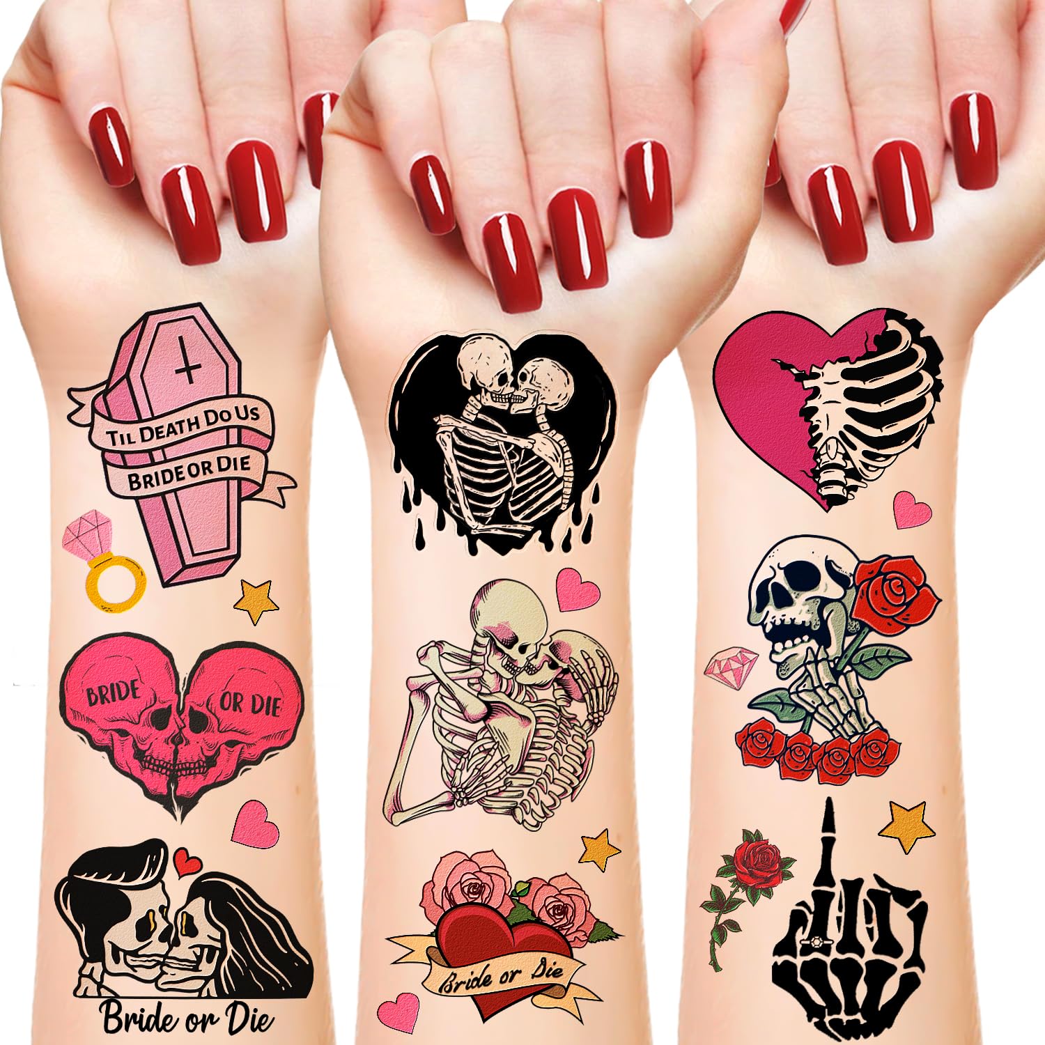 192 PCS Til Death Do Us Part Temporary Tattoos - Gothic Halloween Stickers for Bridal Showers, Bachelorette Parties, Valentine's Gifts & Decorations - Perfect for Themed Events, Costume Accessories & Fun Prizes (16 Sheets)