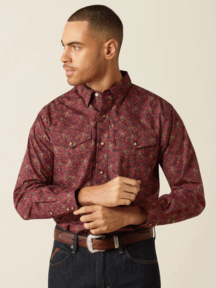 Ariat Men's Samson Classic Fit Long Sleeve Shirt - Dark Red | Western Style Button-Up for Casual Wear & Outdoor Activities